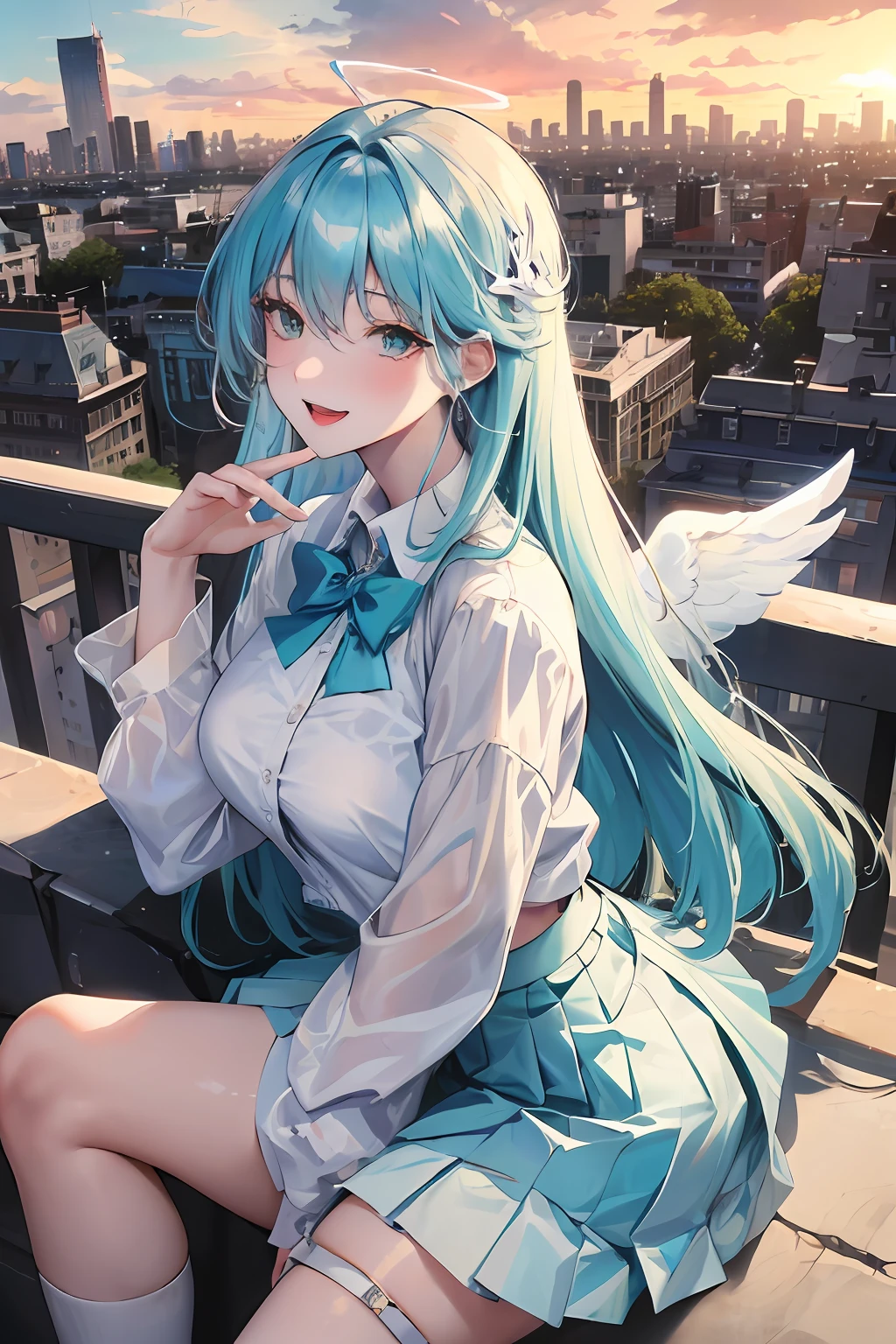 Official fine art,tmasterpiece,Sharp focus,(Beautiful gorgeous lovely Korean women:1.3),(beautiful lovely Korean people:1.3),South Korean beauties,Delicate and beautiful hair and eyes and face,realisticlying,ultra - detailed,a beauty girl,blue-sky,Glowing white particles,(sidelighting:1.2),rays of sunshine,baiyun,Detailed clouds,Slender,Cute big breasts and big buttocks,Toothy laughter,((Laugh and open your eyes)),scenecy,Long straight hair, Angel wings,Angel halo sexy facial expression, buliding, (cityscape:1.7), Dynamic hair, Long straight hair, Delicate blue hair, Glowing green eyes, (blue pleated shirt+white skirt), long white socks, paleskin, hair adornments, epic landscapes,