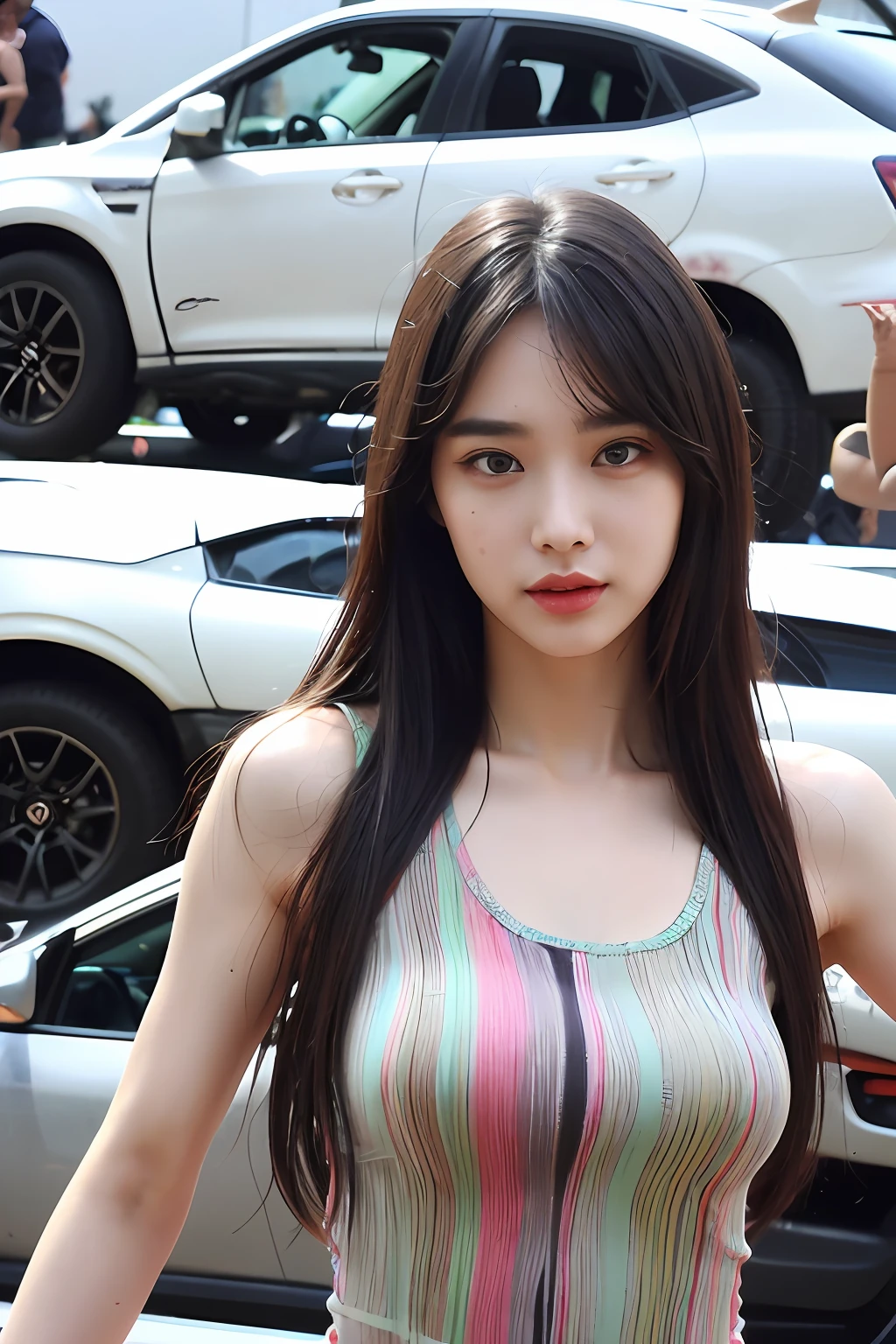 (extra detailed body、extra detailed face、best qualtiy:1.2)、femele、looking at the viewers、(Psychedelic tank top、JINS)、(Car chaos in the background:1.4)