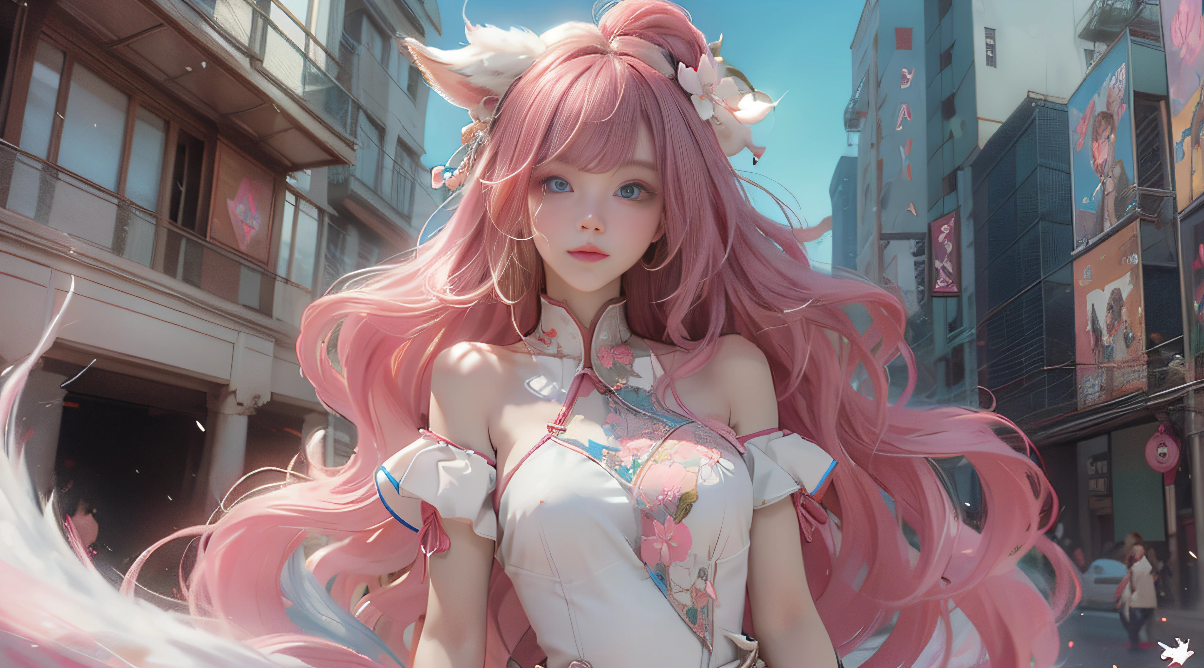 ((best qualtiy)), ((tmasterpiece)), (detail:1.4), Beautiful cyberpunk female images,hdr(HighDynamicRange),Ray traching,NVIDIA RTX,Hyper-Resolution,illusory 5,sub surface scattering,PBR textures,post-proces,Anisotropy Filtering,depth of fields,maximum definition and sharpness,Many-Layer Textures,Albedo e mapas Speculares,Surface coloring,Mitsu-Accurate simulation of material interactions,perfectly proportioned,rendering by octane,Two-colored light,largeaperture,Low ISO,White balance,Rule three points、8K raw data、Beautiful bright blue pupils,off-the-shoulder clothes,Fine pupils,Delicate face and eyes,long eyelasher,Blushlush,Delicate and fluffy hair,pink lip,Pure,Cute face,Sweet girl,Artistic sense,Casual wear,Advancedsense,butterflys,Cherry blossom petal,Beautiful hair accessories,Long hair and waist,Hair fluttering in the wind,Snow-white fox ears,curlies