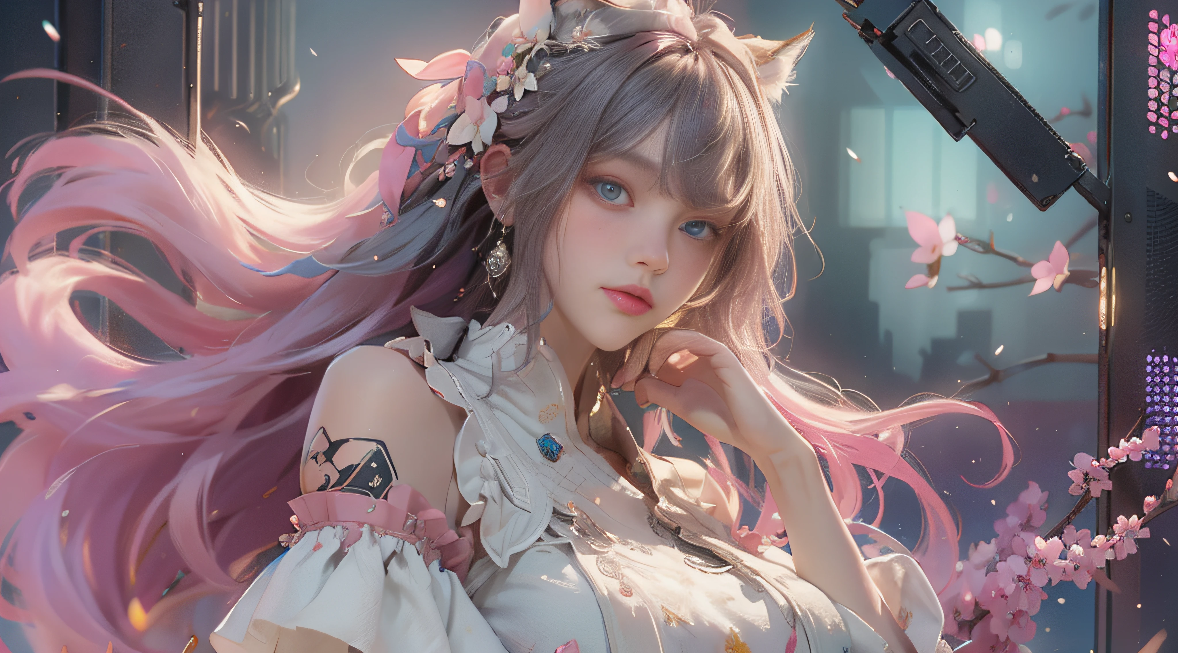 ((best qualtiy)), ((tmasterpiece)), (detail:1.4), Beautiful cyberpunk female images,hdr(HighDynamicRange),Ray traching,NVIDIA RTX,Hyper-Resolution,illusory 5,sub surface scattering,PBR textures,post-proces,Anisotropy Filtering,depth of fields,maximum definition and sharpness,Many-Layer Textures,Albedo e mapas Speculares,Surface coloring,Mitsu-Accurate simulation of material interactions,perfectly proportioned,rendering by octane,Two-colored light,largeaperture,Low ISO,White balance,Rule three points、8K raw data、Beautiful bright blue pupils,off-the-shoulder clothes,Fine pupils,Delicate face and eyes,long eyelasher,Blushlush,Delicate and fluffy hair,pink lip,Pure,Cute face,Sweet girl,Artistic sense,Casual wear,Advancedsense,butterflys,Cherry blossom petal,Beautiful hair accessories,Long hair and waist,Hair fluttering in the wind,Snow-white fox ears,curlies