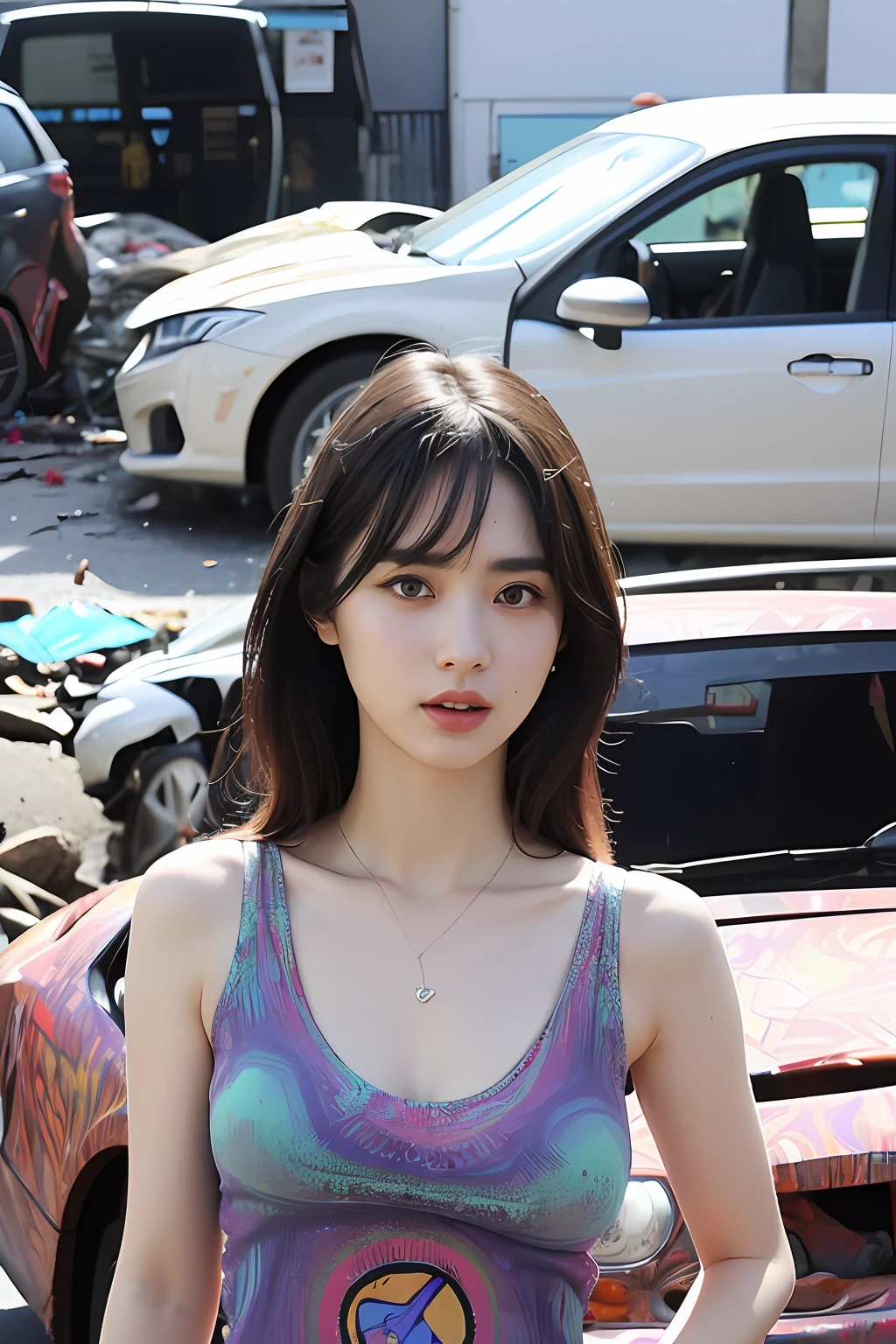 (extra detailed body、extra detailed face、best qualtiy:1.2)、femele、looking at the viewers、(Psychedelic tank top、JINS)、(Car chaos in the background:1.4)
