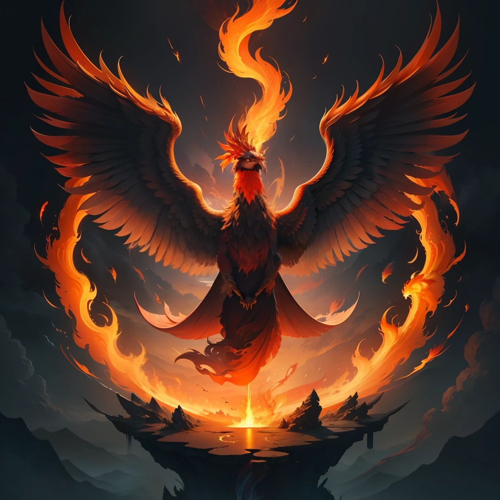ancient Chinese style mythology，There is only one bird，The phoenix flew in the air，frontage，Flame wings，highlight，Lava material，k hd，Skysky，Thunder and lightning surround the wings