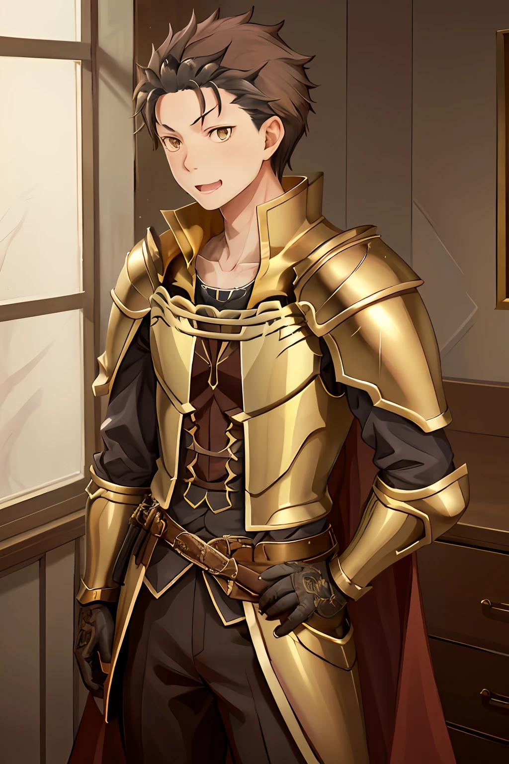 (1 Adult male),A high resolution, Sharp focus, Pixiv masterpiece, ((Complicated details)), highly detailed, natsuki_subaru, 1 man, with her mouth open,drools,full bodyesbian, Gold eyes(eyes glowing), with short golden hair,Armour,cloaks,Shoulder armor,perspire,look from down