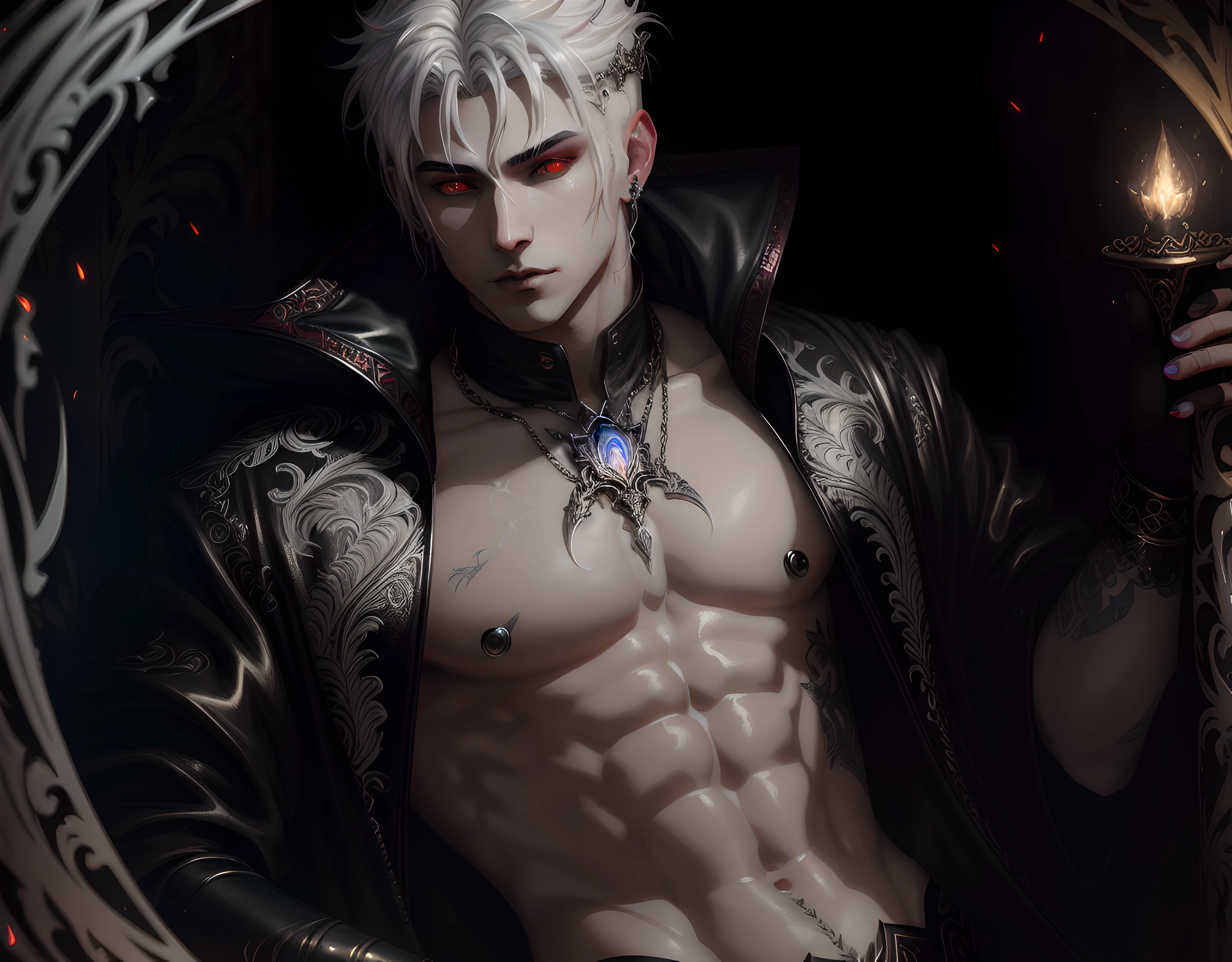 High vampire man Insanely detailed, goth Renaissance, white hair, intricate, white glowing eyes, fantastical, (((male))), vampire, hyper detailed, painting, 32k resolution, art by Heise, Alphonse Mucha, dynamic lighting, hyper detailed, intricately detailed Splash art trending on Artstation, triadic colors, Unreal Engine 5, volumetric lighting, sexy, guy, gothic detailed background, 32k, covered navel, full lips, curvy guy, cinematic lighting, balenciaga, glitter