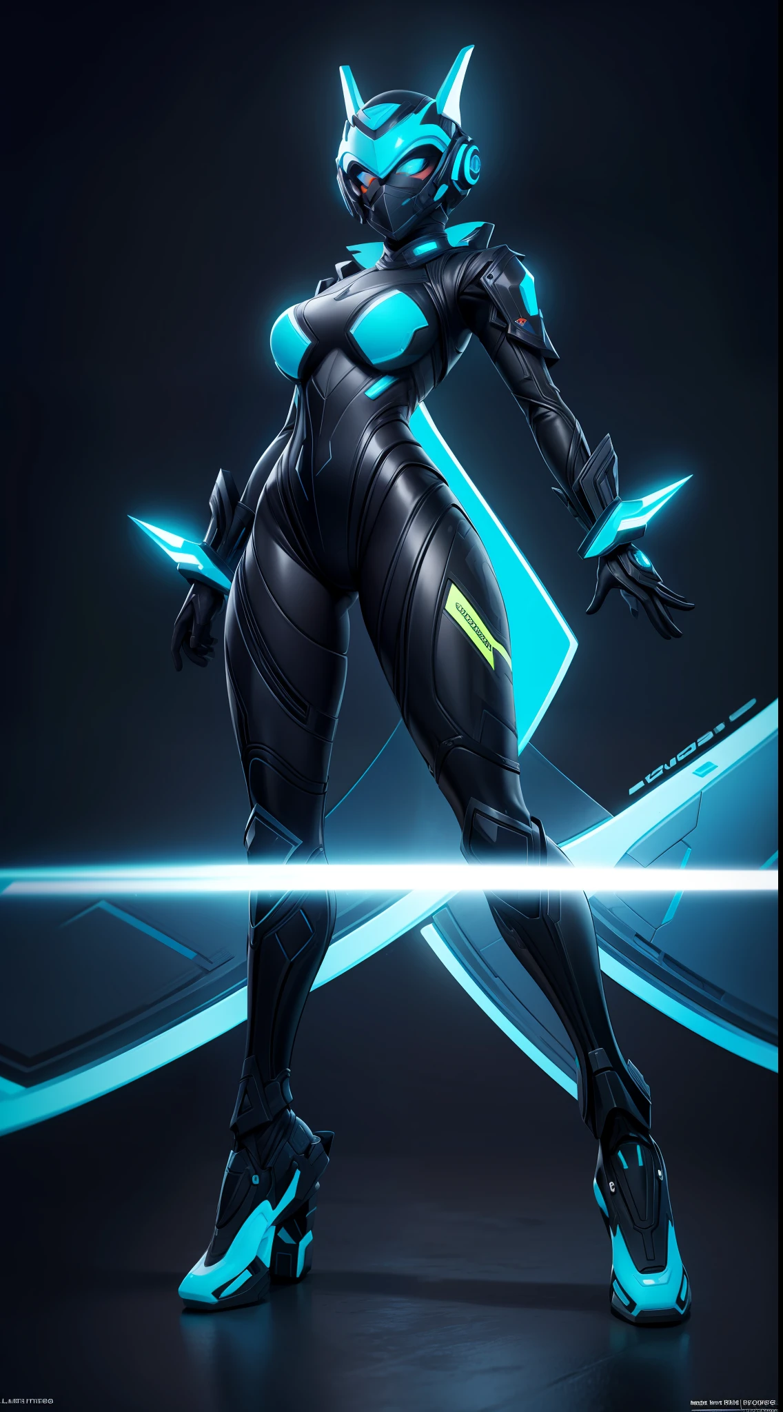 solo, super fine photo, full body picture Unreal Engine 5 8K UHD of a girl, wearing futuristic black and white tight rubber battle suit with, full face mask, cyan light details, gloves with cyan light detail, best quality, masterpiece, unified 8k wallpaper, super detailed, sharp focus, dynamic pose