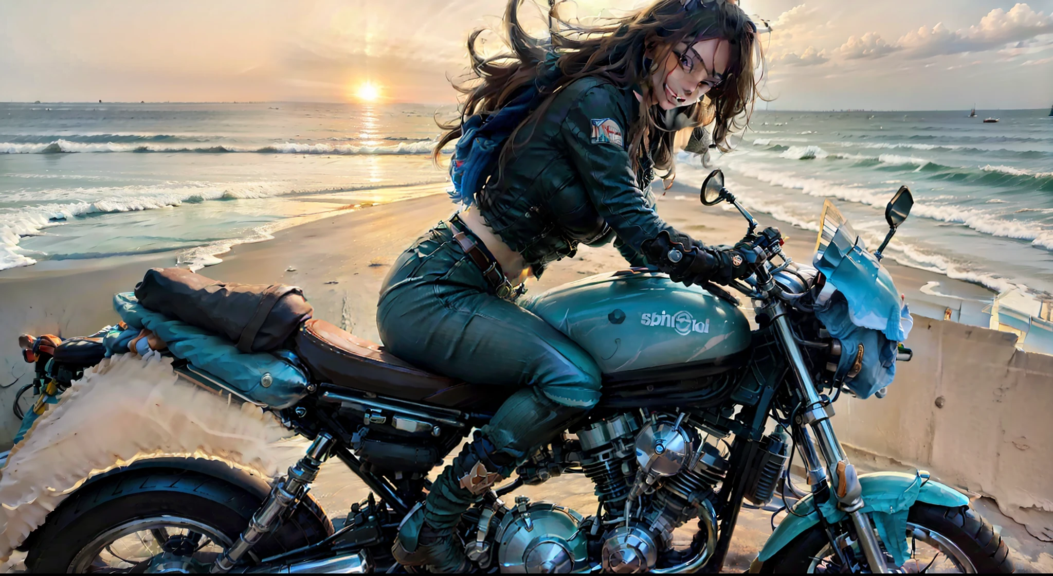 Handsome motorcyclist,Beloved girl,With a cheerful smile,Ride on warm roads by the Spanish seaside,The city meets the sea,The sun shines on the two,A gentle breeze。