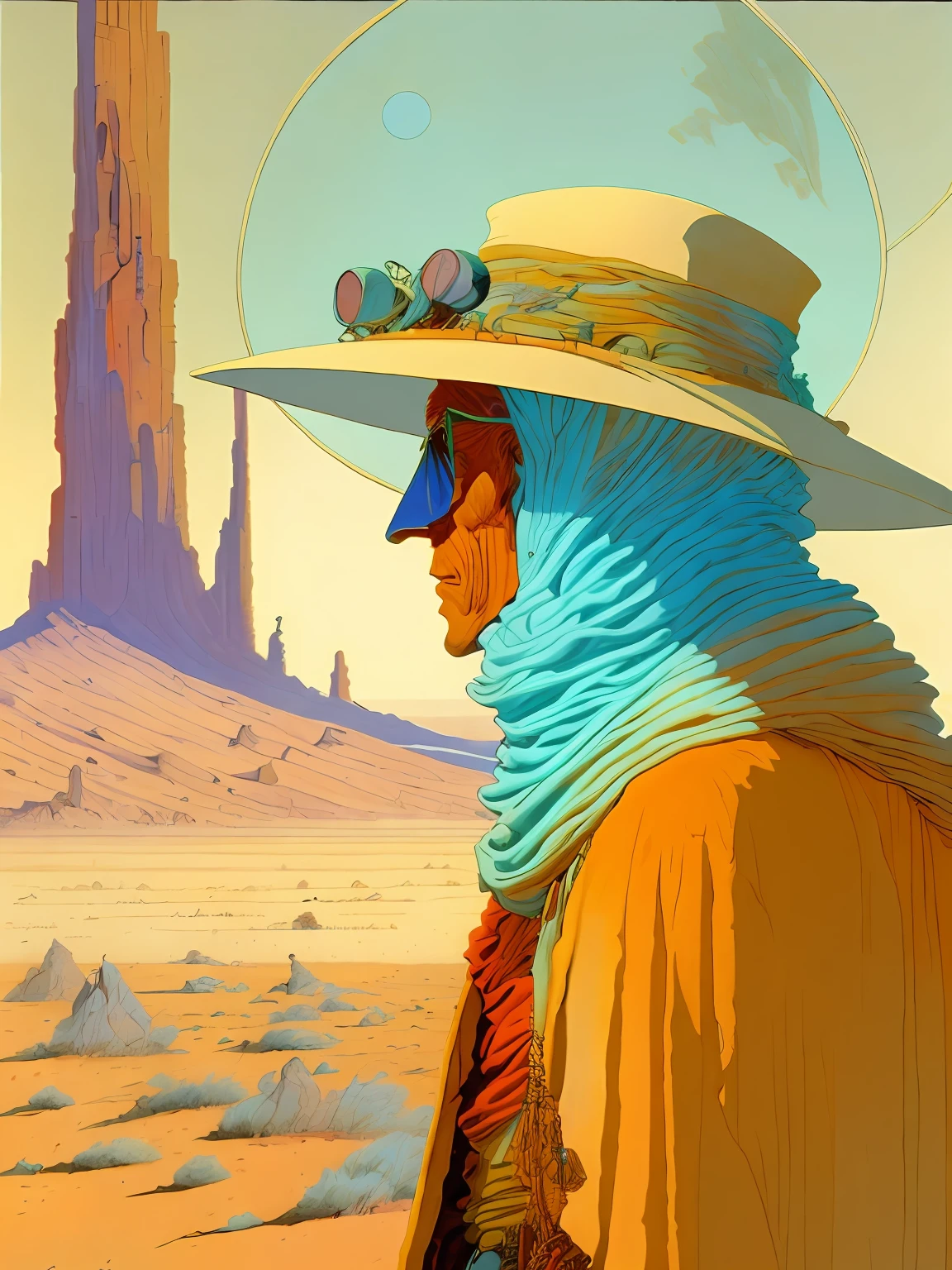A painting of a man in a hat and cloak looking out over a desert landscape,Created by Moebius Jean Giraud,asian man,