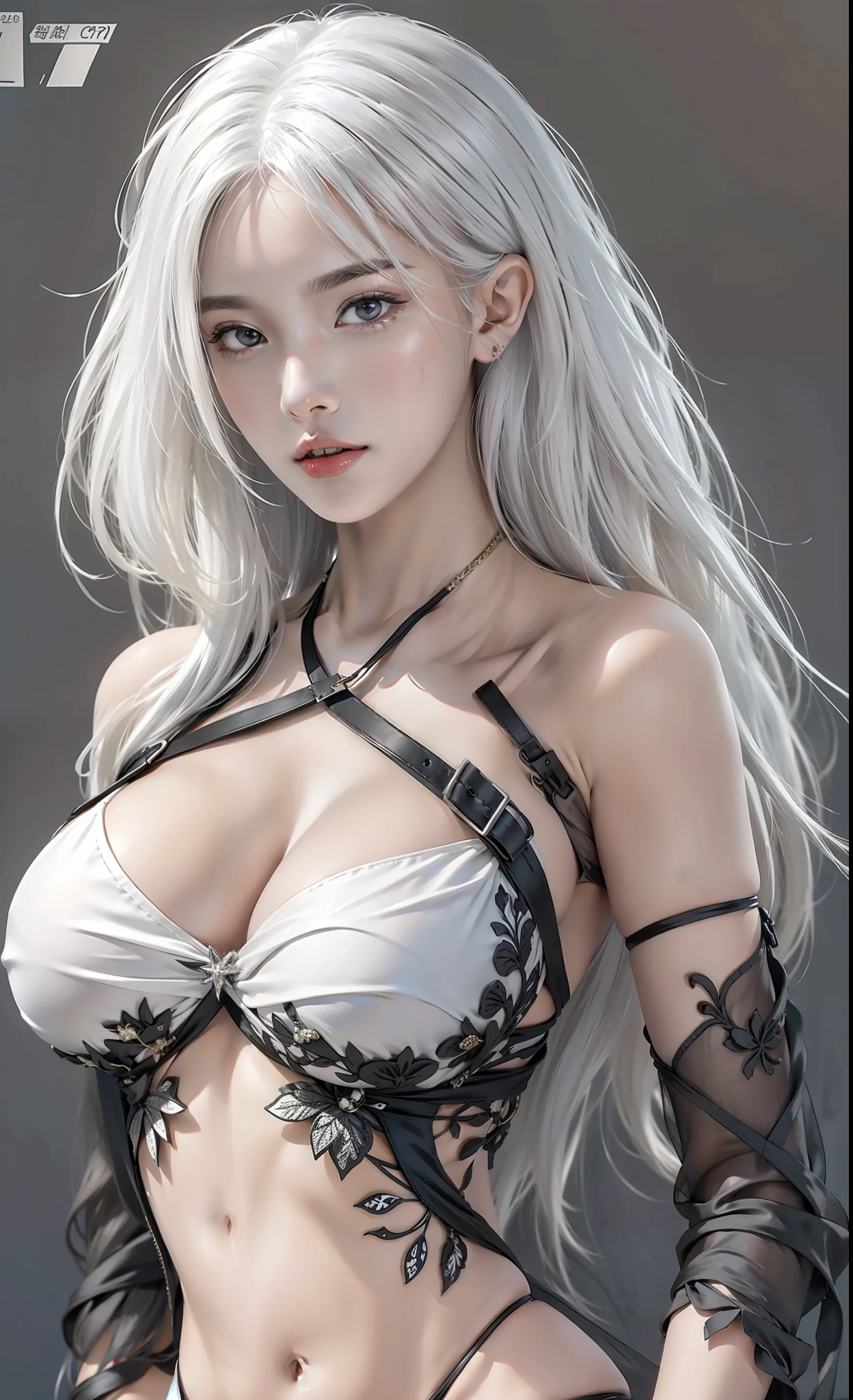 photorealistic, high resolution, 1women, solo, hips up, look at viewer, (detailed face), white hair, long hair, medium breasts, thong black bikini