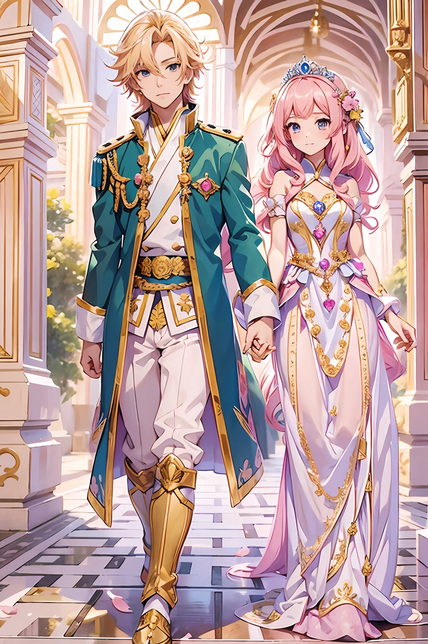 (Princess with pink hair, Long-haired princess), Hand in hand with the prince at the Inner Temple, (Blonde prince、Short-haired prince)