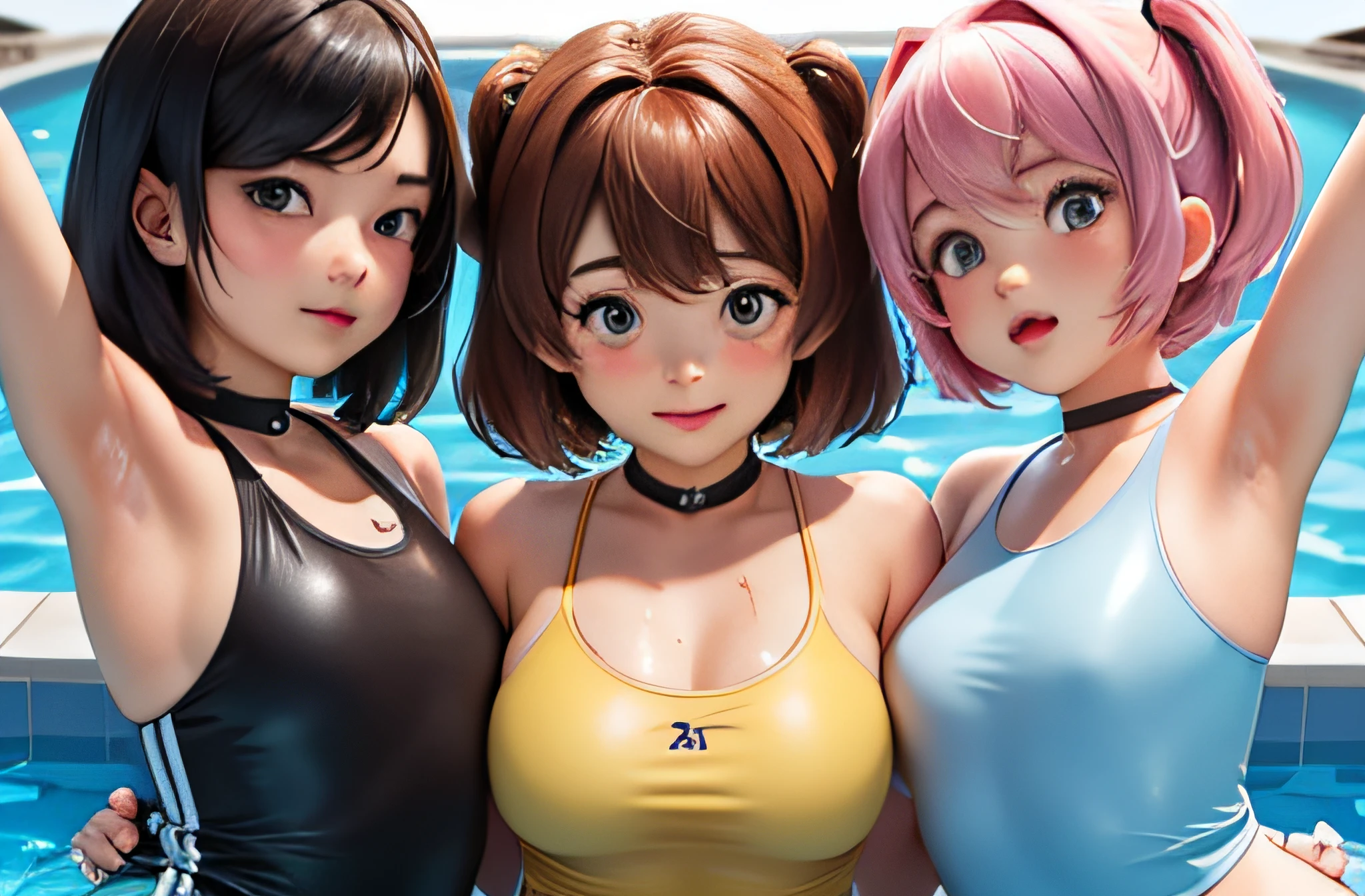 Three girls having fun by the pool, lewd: 1,2, hentai: 1,2, NSFW: 1,2, lesbian: 1,2, grabbing each other's ass, kissing, blushing, wet sleeveless t-shirt, shorts, anatomically correct, competitive swimsuit, tanktop, wet and sticking to the skin, high-legged, open crotch, camel toe, shot from below, showing armpit, small chest, side breast, W pose sitting, Squat position, both armpit showing, armpit licking, mouth near armpit, neck collar,