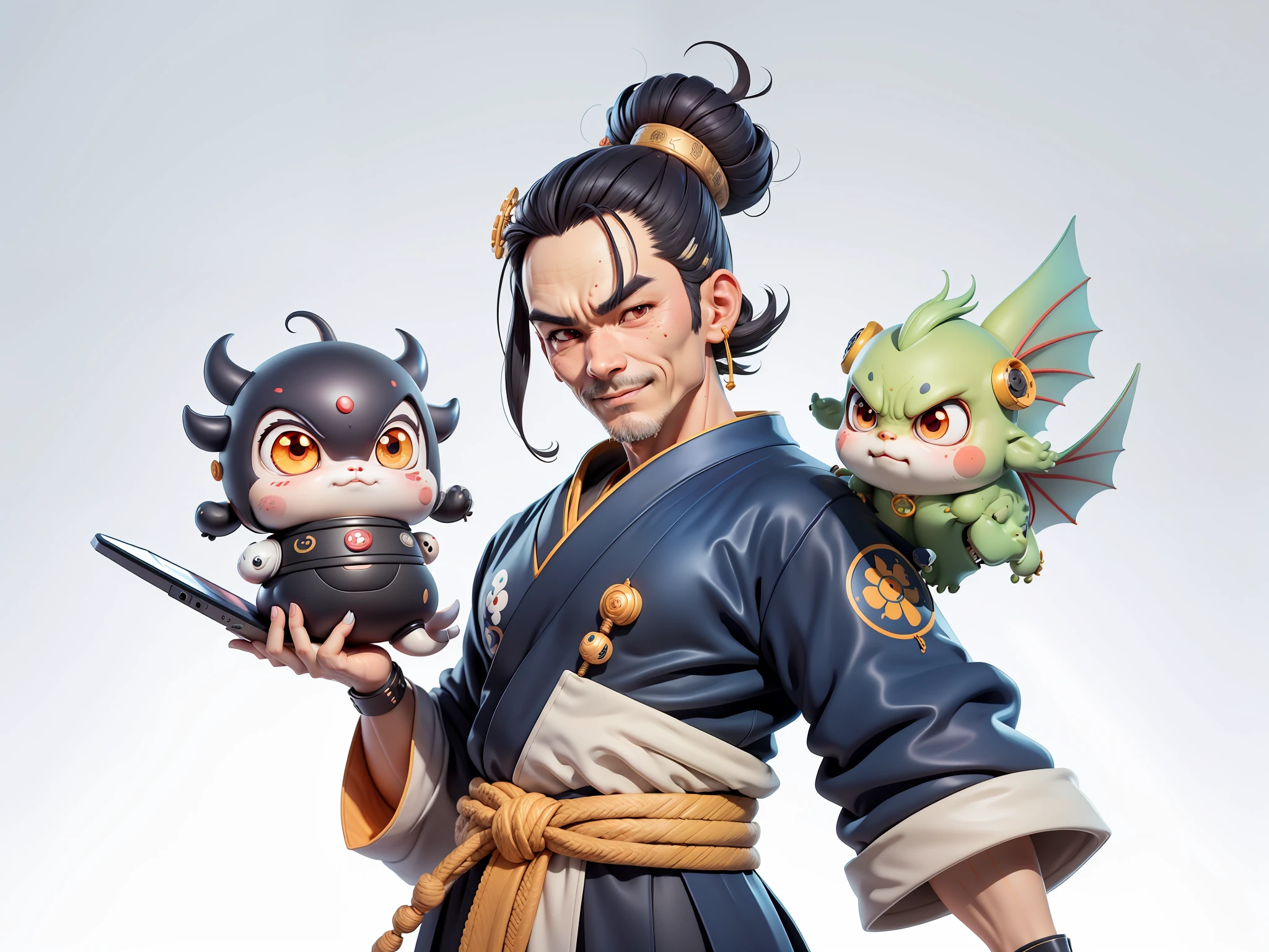 (Daisaku),(Need),(Super meticulous),(full bodyesbian:1.2),Japanese ukiyo-e girl,japanese geisha,Beautiful,Oriental dragon,Aeolian Thor,Raised sexy,爆乳,Oriental face,TV Anchor,Bust portrait illustration,Alone,In black suit,a blue tie,The face is slightly chubby,The face was clean,without a beard,Black super short hair,Black eyes,Smile confidently,3C computer sub-products,iPad, iphone,Digital painting,3D character design by Mark Clairen and Pixar and Hayao Miyazaki and Akira Toriyama,The illustration is a high-definition illustration in 4K resolution,With very detailed facial features and cartoon-style visuals。