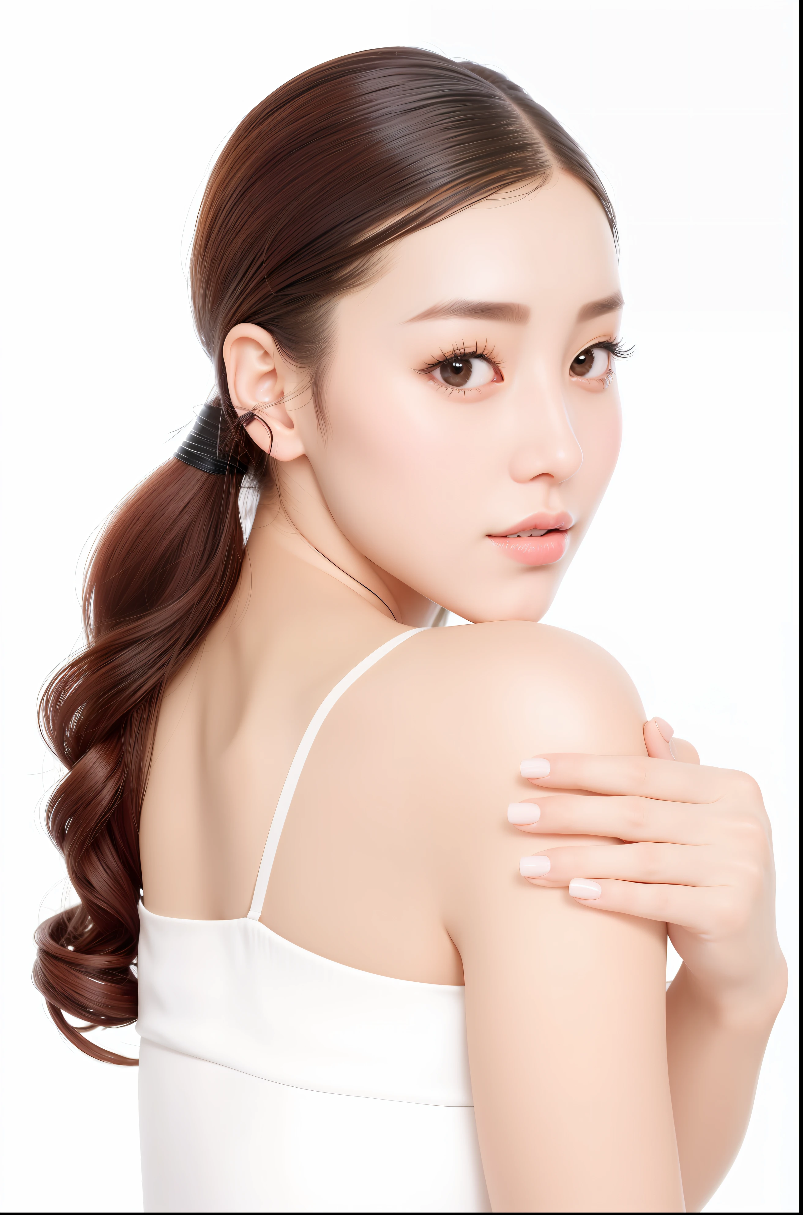 a close up of a woman with a white top and a ponytail, beautiful young korean woman, gorgeous young korean woman, dilraba dilmurat, photoshoot for skincare brand, beautiful south korean woman, ruan jia beautiful!, popular korean makeup, hwang se - on, milky white skin, smooth glowing skin, heonhwa choe, leaked image, magazine photo