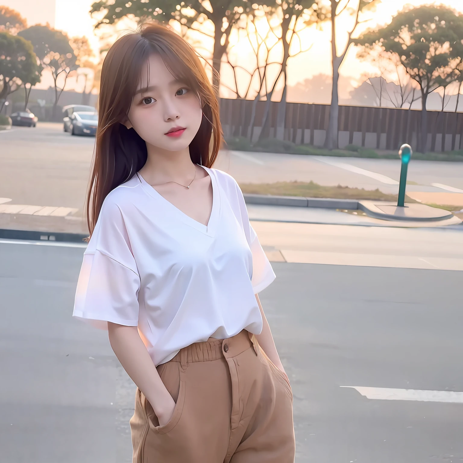 at dusk at golden hour，A girl in a white shirt looks straight ahead，middlebreast。