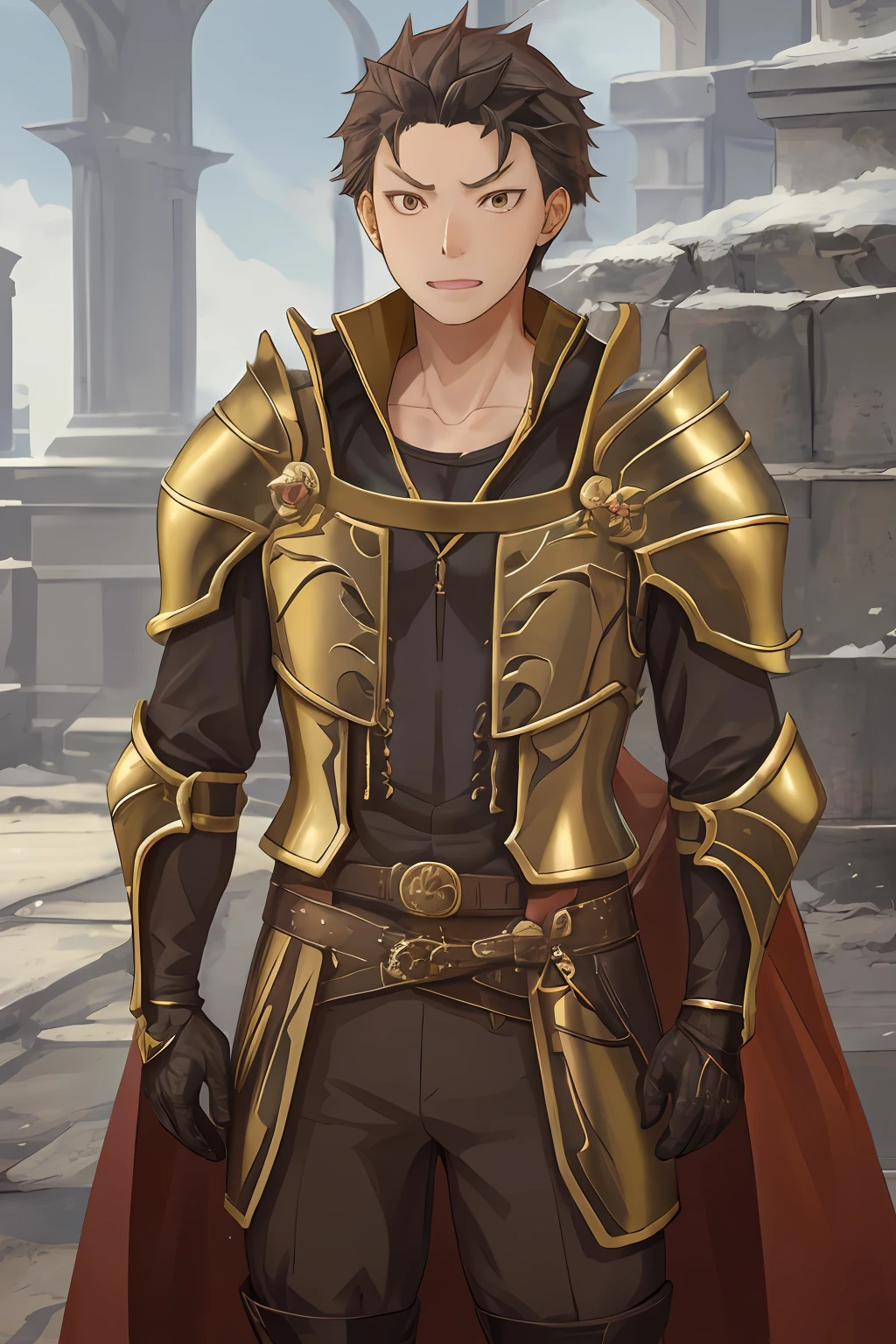(1 Adult male),A high resolution, Sharp focus, Pixiv masterpiece, ((Complicated details)), highly detailed, natsuki_subaru, 1 man, with her mouth open,drools,full bodyesbian, Gold eyes(eyes glowing), with short golden hair,Armour,cloaks,Shoulder armor,perspire,look from down