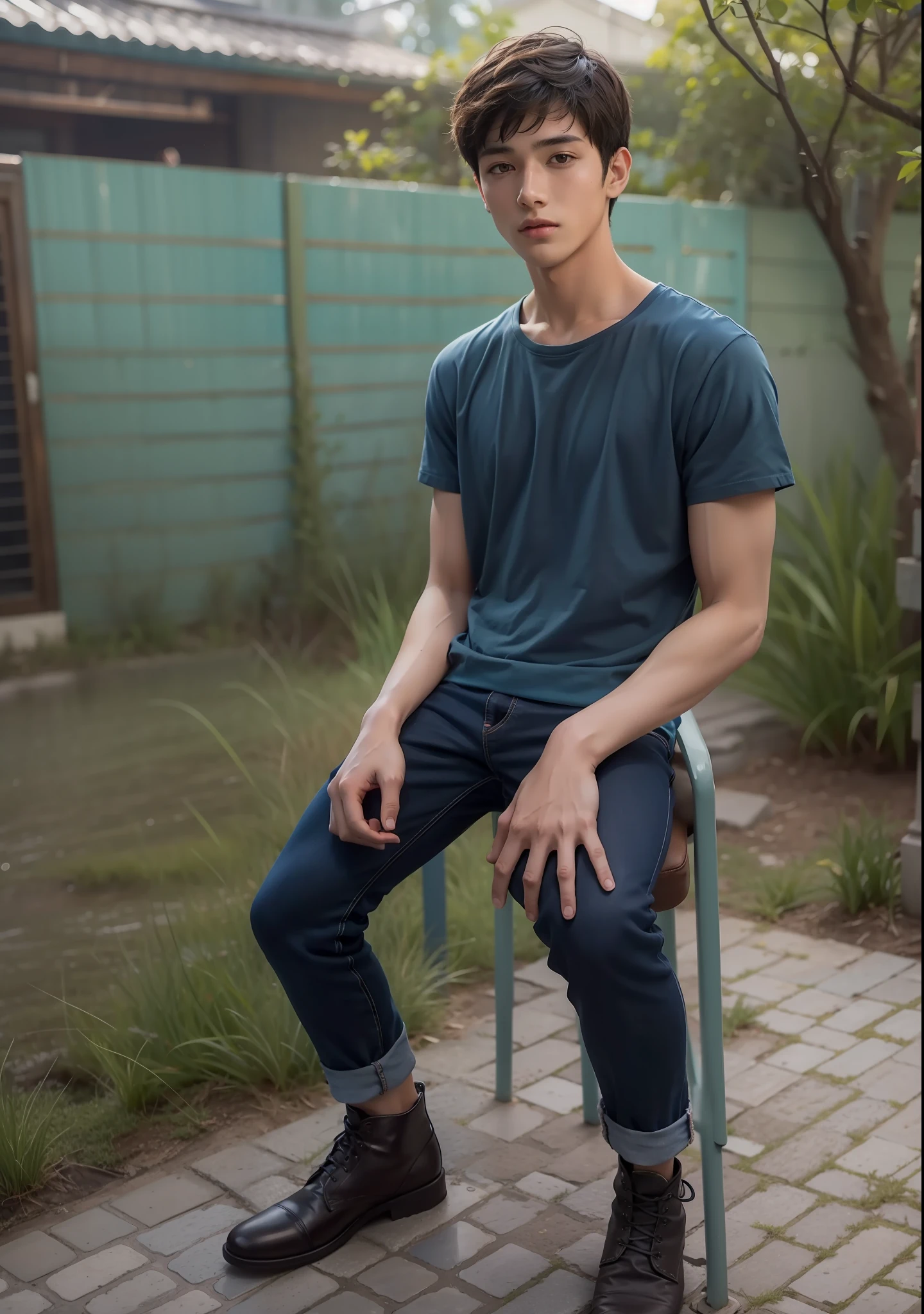 Handsome, 16 years old, mestizo, best picture quality, higher quality, high detail, ultra-high resolution, 8k resolution, delicate facial features, boy, muscles, glowing eyes, short hair, hair details, legs apart [[look away, look to the side , Topless, ((((crotch bulge))))), real men, real human, jeans, sit down, skinny, shirt