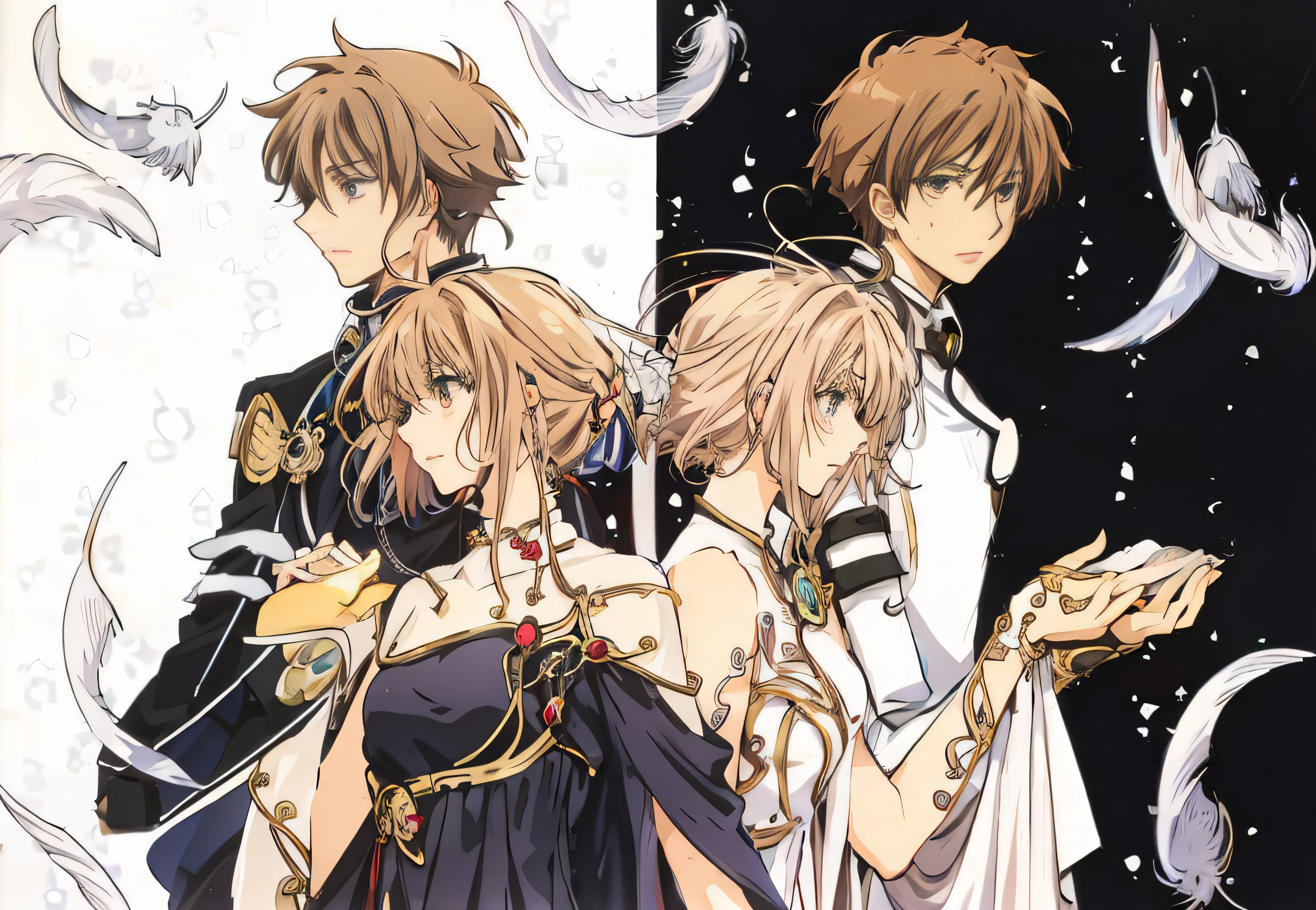 Anime characters in formal wear standing side by side, Tsubasa Chronicles, clamp style, Clamp, cardcaptor sakura, anime key visual of elegant, ethereal anime, An anime cover, anime visual, okita sougo, key anime visuals, shoujo romance, anime style like fate/stay night, dark robed，Gold accents, Detailed key anime art