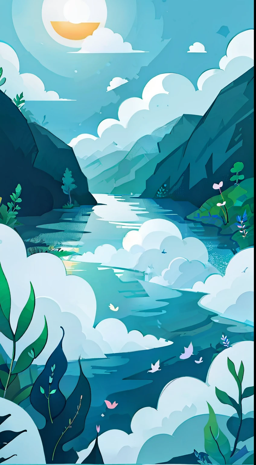 hi can you make a cutting paper layer that consist of 5 minimal layer, with a visual sun, clouds, and so many plants , the sunlight reflects on the water such a peaceful visual