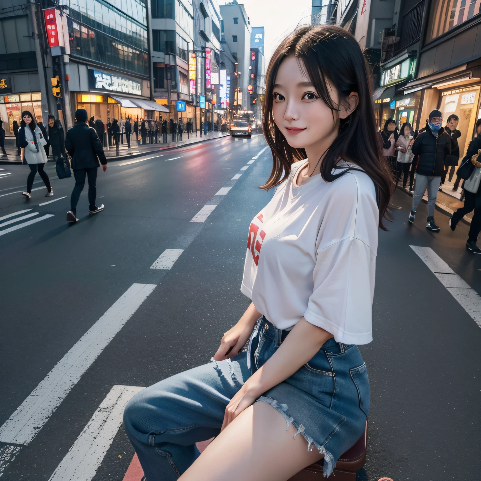 1人、modeled、on tokyo street、natta、A city scape、city light、(in 8K、Raw photography、top-quality、masterpiece:1.2)、(realisitic、photoRealstic:1.37)、a smile、arm behind back、full bodyesbian