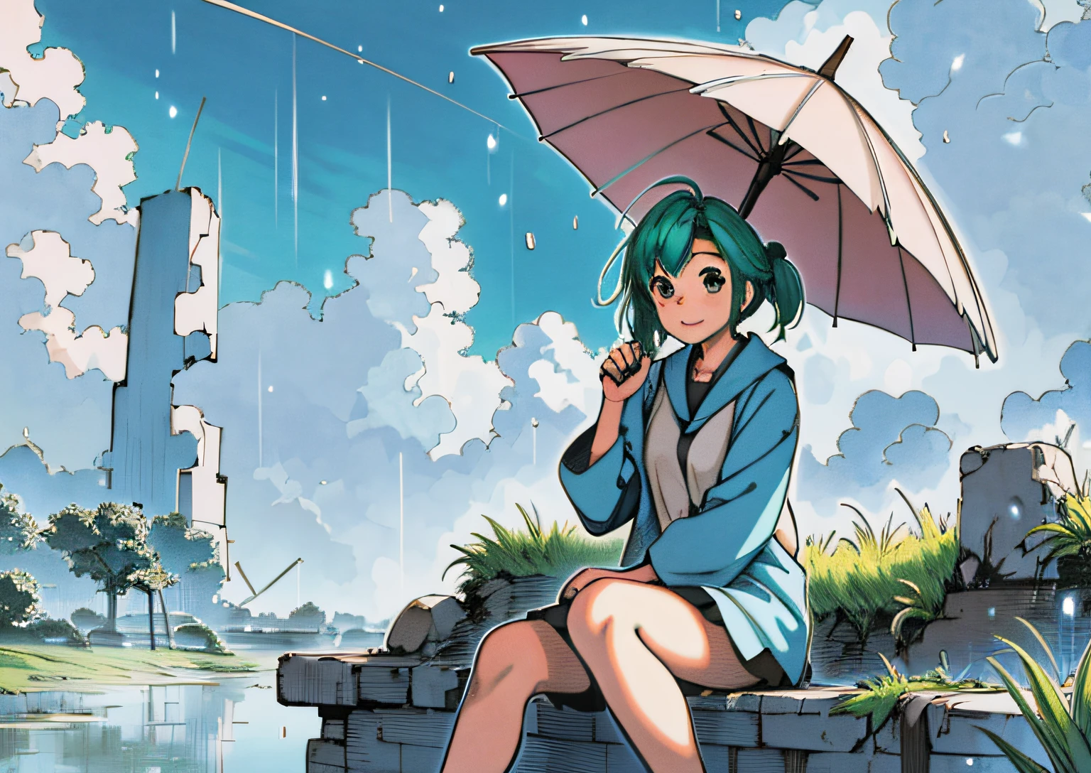 highres, detailed, ashinano-style, 1girl, green hair, wide shot, holding umbrella, rain, grass, overgrown, sitting, blue sky, clouds, ruins, happy