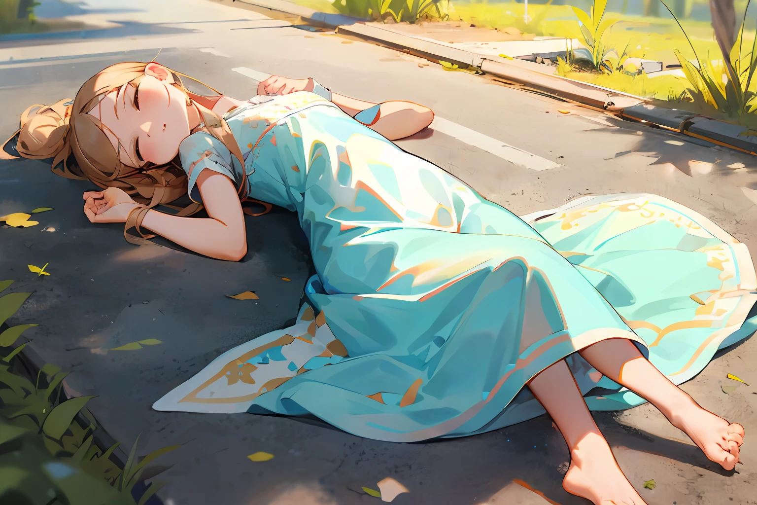 Unconscious girl,Lie flat on the ground with bare feet