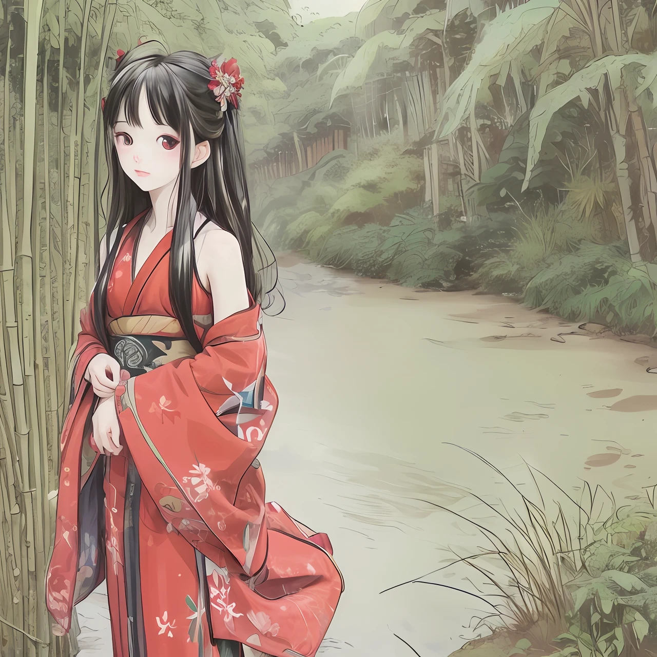 masterpiece, best quality, official art, 8k wallpaper, highly detailed, illustration, 1 boy , red hair, long hair, detailed eyes, bamboo forrest, bare shoulders, lakes, pure, kimono