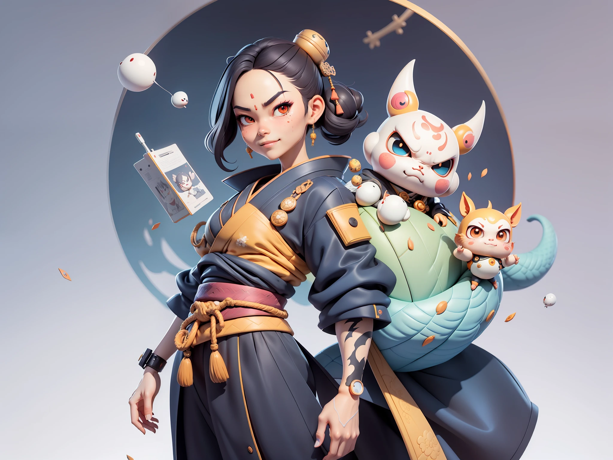 (Daisaku),(Need),(Super meticulous),(full bodyesbian:1.2),Japanese ukiyo-e girl，japanese geisha，Beautiful，Oriental dragon，Aeolian Thor，Raised sexy，爆乳，Oriental face，TV Anchor，Bust portrait illustration，Alone，In black suit，a blue tie，The face is slightly chubby，The face was clean，without a beard，Black super short hair，Black eyes，Smile confidently，3C computer sub-products，iPad， iphone，Digital painting，3D character design by Mark Clairen and Pixar and Hayao Miyazaki and Akira Toriyama，The illustration is a high-definition illustration in 4K resolution，With very detailed facial features and cartoon-style visuals。