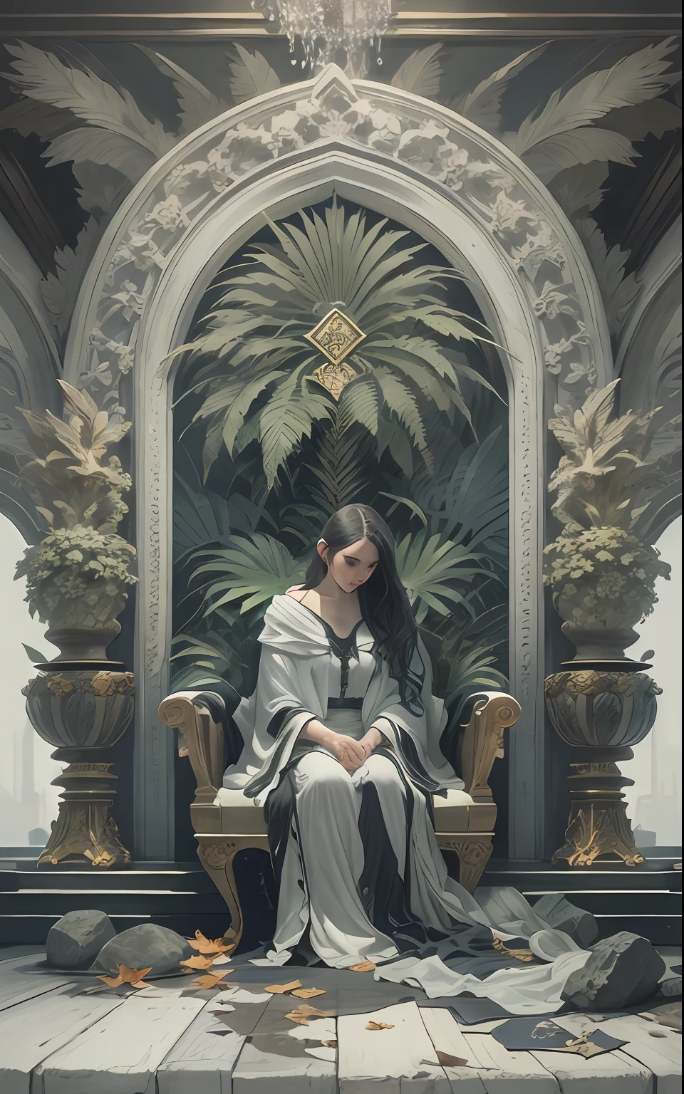 Duo of a woman and a man,     Put a woman in a cloak on the throne, Above one of the palms are two stones in the air, in front of a sword stuck in the floor, behind the back of the man Huge room, Indoor peace, an intricate, Pattern, Realistic fantasy, 7K,A hyper-realistic, hyper-detailing, analog style, The wind whirls the leaves, The leaves are twisted into a spiral, The leaves fall off, , humble, An old cloak, detailed skin, Matte skin, soft-lighting, sub-surface Scattering, Realistic, Heavy shadow, Masterpiece, Best Quality, ultra realistis, 8K, the golden ratio, Intricate, high detail, Film photography, soft focus, BREAK , Illustrate a monochromatic world with the addition of green, Use only shades of black, White & gris, To convey depth, Emotions and striking visual impact. Landscapes."street fighter", in the style of 0MIB, many people, slums