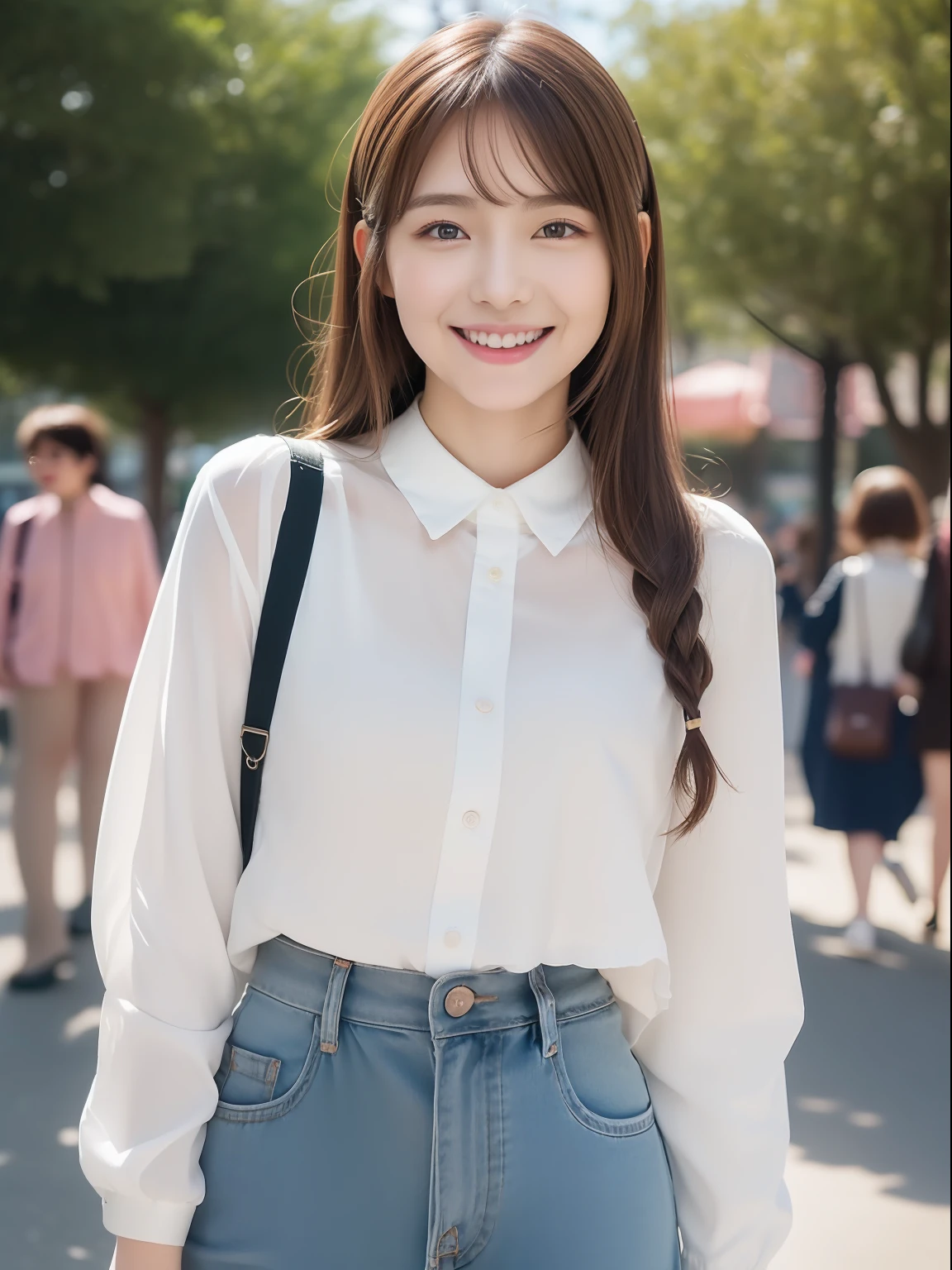 masuter piece, best qualtiy, (realisitic, Photorealsitic:1.37), ((独奏)), 8K image quality, Extremely delicate and beautiful, splendid, Official art with attention to detail, Ridiculous, Unbelievably ridiculous, huge filesize, ultra-detailliert, ighly detailed, (Cute s), (detailed girl), extremely detailed eye and face, Beautiful detailed eyes, Light makeup,, (Slender and perfect female figure), Slim waist, (Korean beauty), Brown hair, ((Twin-tailed)),((fullllbody)), ((Put the head in the frame)), ((Cute clothes, random)), An amusement park, With a big smile,