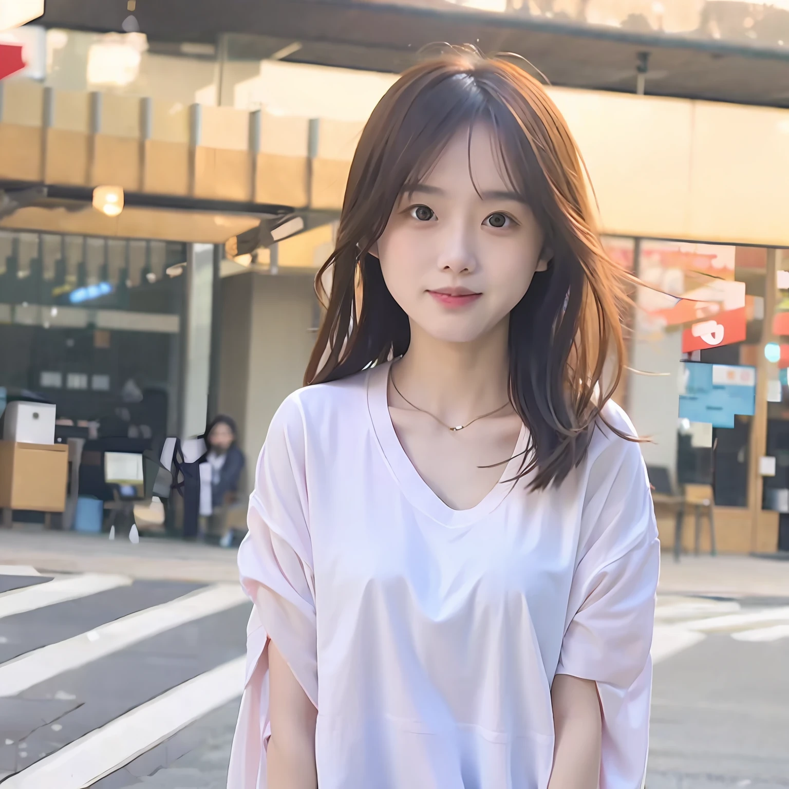 at dusk at golden hour，A girl in a white shirt looks straight ahead，middlebreast。