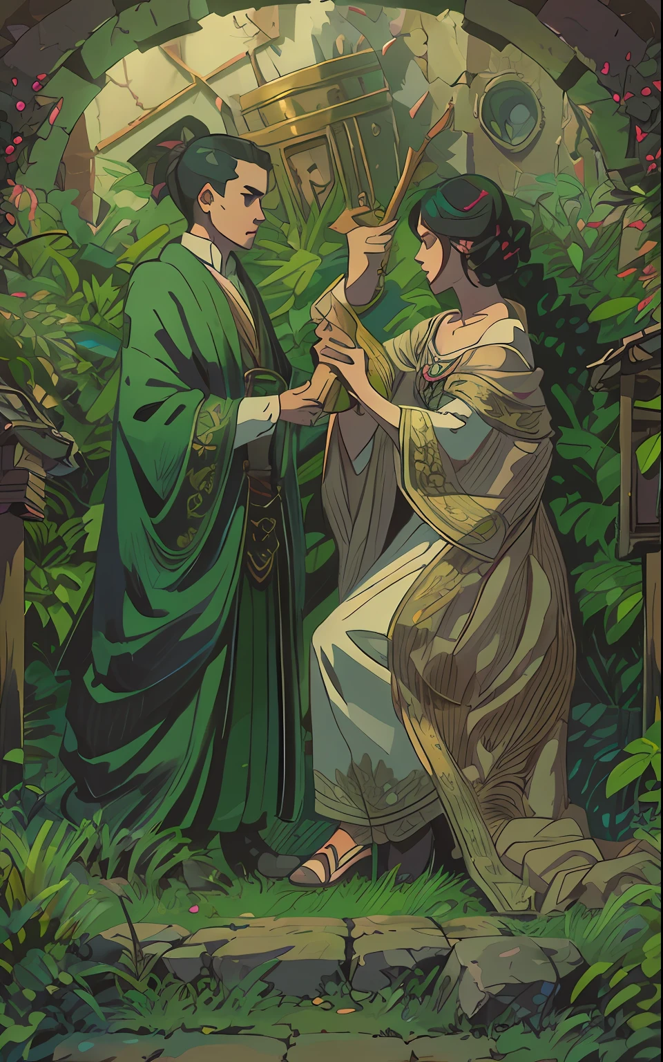 Women's duet, Men, Solo Woman, The appearance is detailed;, dark colored hair, Closed cloak, Put a woman in a cloak on the throne, Arms outstretched upwards, Above one of the palms are two stones in the air, in front of a sword stuck in the floor, behind behind the back of the man Indoor World, an intricate, Pattern, Realistic fantasy, 7K,A hyper-realistic, hyper-detailing, analog style, The wind whirls the leaves, The leaves are twisted into a spiral, The leaves fall off, , humble, An old cloak, detailed skin, Matte skin, soft-lighting, sub-surface Scattering, Realistic, Heavy shadow, Masterpiece, Best Quality, ultra realistis, 8K, the golden ratio, Intricate, high detail, Film photography, soft focus, BREAK , Illustrate a monochromatic world with the addition of green, Use only shades of black, White & gris, To convey depth, Emotions and striking visual impact. Landscapes."street fighter", in the style of 0MIB, many people, slums