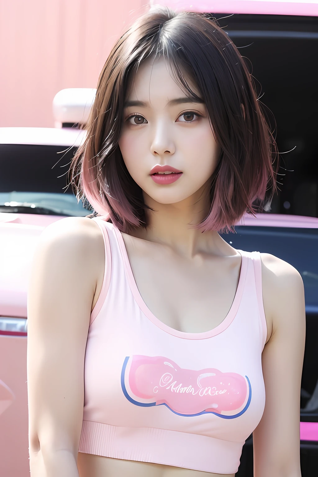 (extra detailed body、extra detailed face、best qualtiy:1.2)、femele、looking at the viewers、(White tank top、JINS)、(Pink candy car on background:1.4)