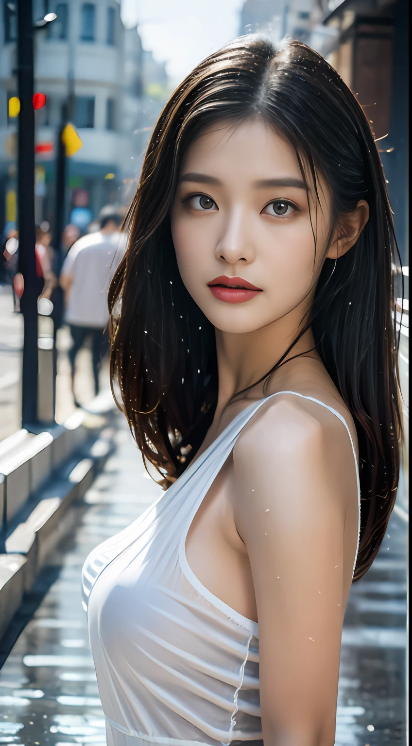 ((Best Quality, 8K, Masterpiece:1.3)), Focus: 1.2, Perfect Body Beauty: 1.4, Buttocks: 1.2, ((Layered Haircut, Breasts: 1.2)), (Wet Clothes: 1.1) , (Rain, Street:1.3), Bandeau Dress: 1.1, Highly Detailed Face and Skin Texture, Delicate Eyes, Double Eyelids, Whitened Skin, Long Hair