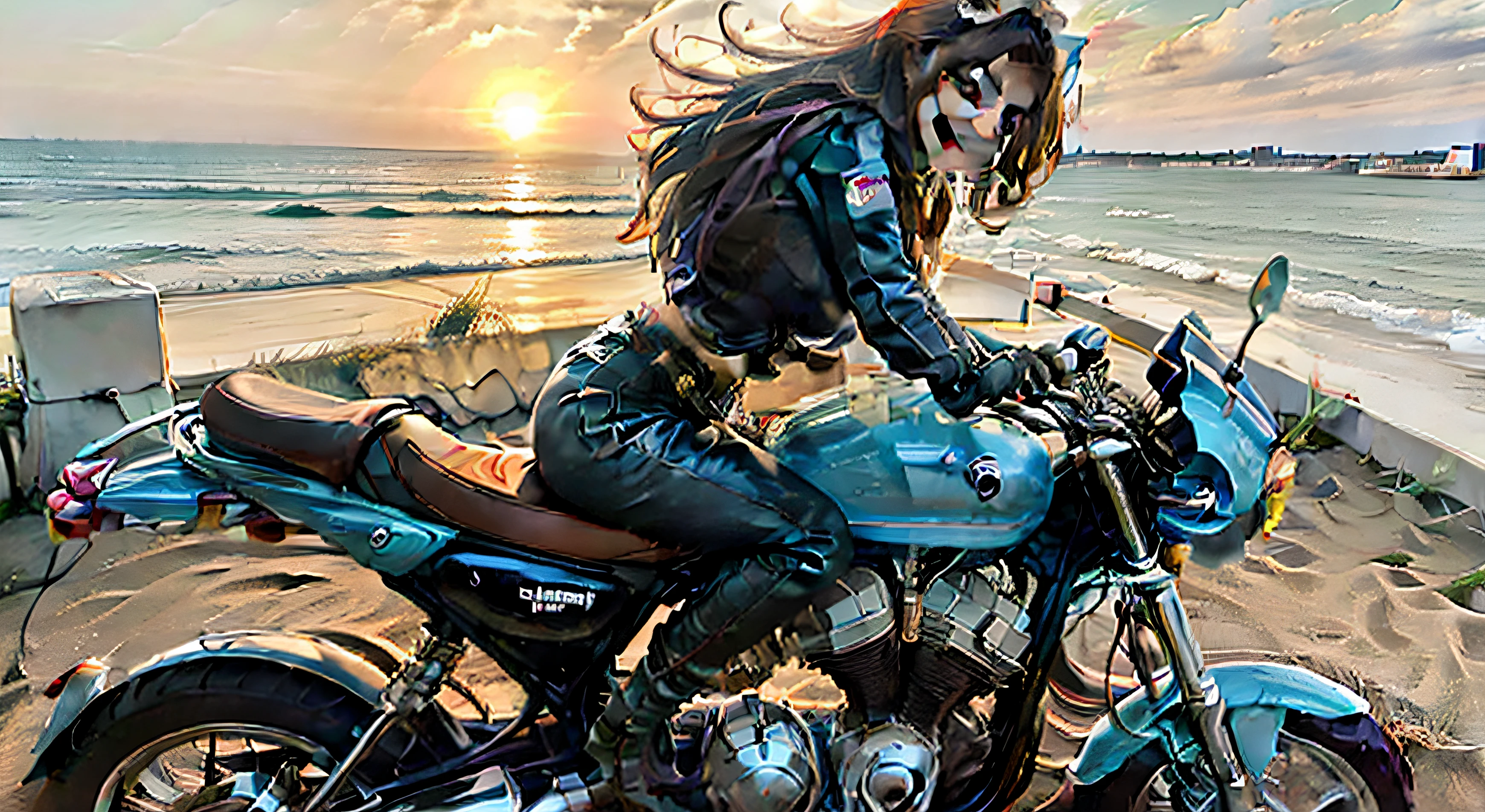 Handsome motorcyclist，Beloved girl，With a cheerful smile，Ride on warm roads by the Spanish seaside，The city meets the sea，The sun shines on the two，A gentle breeze。