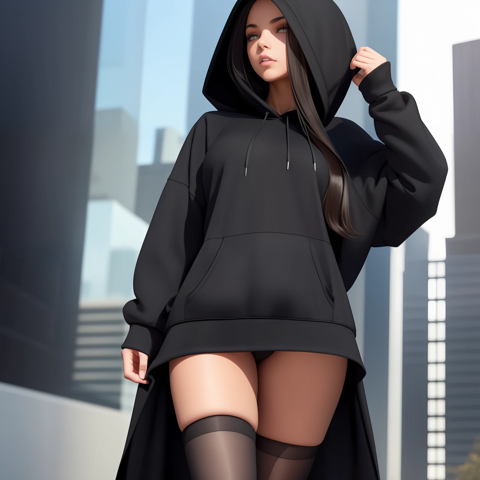 Large hoodie, oversized hoodie, skirt, tennis skirt, black clothes, black panties, hood up, long hair, straight hair, standing up, view from below, large breasts, thick thighs, stockings