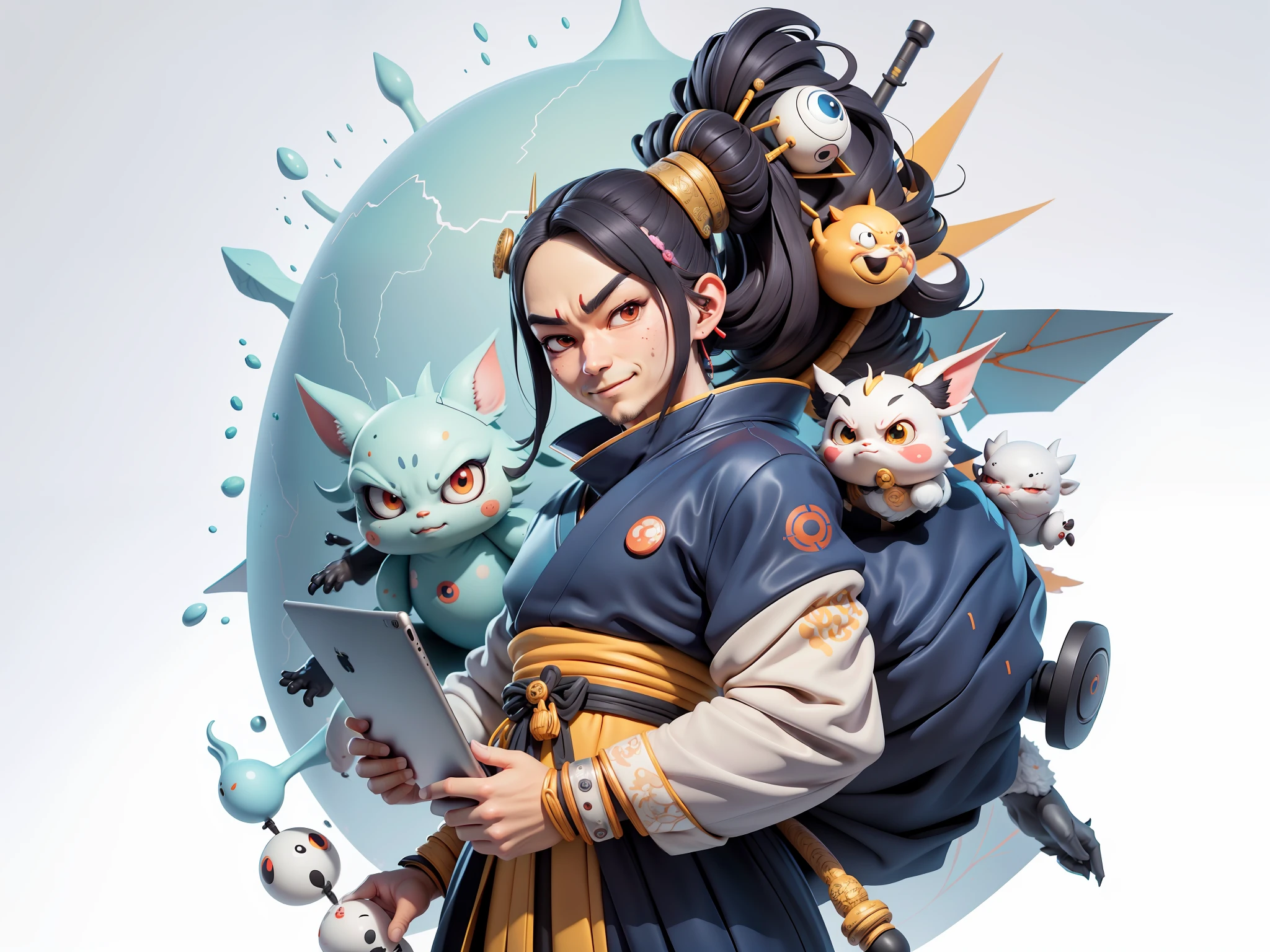 (Daisaku),(Need),(Super meticulous),(full bodyesbian:1.2),Japanese ukiyo-e girl,japanese geisha,Beautiful,Oriental dragon,Aeolian Thor,Raised sexy,爆乳,Oriental face,TV Anchor,Bust portrait illustration,Alone,In black suit,a blue tie,The face is slightly chubby,The face was clean,without a beard,Black super short hair,Black eyes,Smile confidently,3C computer sub-products,iPad, iphone,Digital painting,3D character design by Mark Clairen and Pixar and Hayao Miyazaki and Akira Toriyama,The illustration is a high-definition illustration in 4K resolution,With very detailed facial features and cartoon-style visuals。