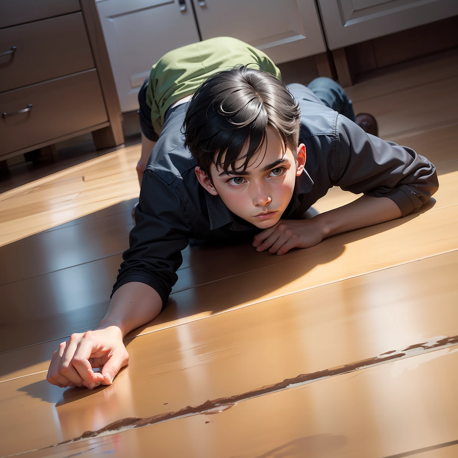 A 16-year-old boy sweeps the floor,No positive face photos
