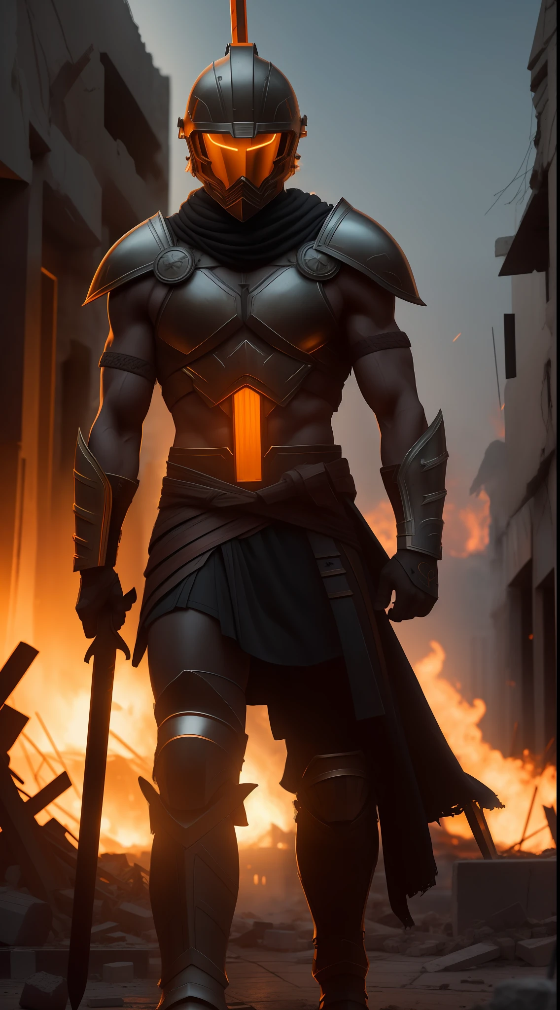 Ultra detailed spartan warrior with a spear and helmet, neon orange light up little tattoo on the arm, in a destroyed greek city, fire and smoke around, cinematic light, ultra realistic, 24mm, f/2.8, profesional photography, medium shot, 8k.