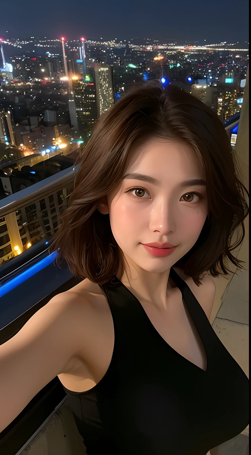 ((mid night、top-quality、8k、​masterpiece:1.3))、full bodyesbian、long legged、foco nítido:1.2、Beautiful woman with perfect body shape:1.4、Slender Abs:1.1、((dark brown  hair、huge-breasted:1.2))、(toppless:1.2)、((Night City View、On the rooftop:1.3))、Highly detailed facial and skin texture、A detailed eye、二重まぶた