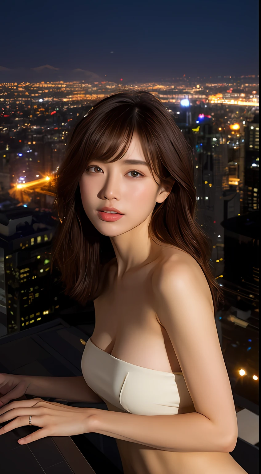 ((mid night、top-quality、8k、masterpiece:1.3))、full bodyesbian、long legged、foco nítido:1.2、Beautiful woman with perfect body shape:1.4、Slender Abs:1.1、((dark brown hair、huge-breasted:1.2))、(toppless:1.2)、((Night City View、On the rooftop:1.3))、Highly detailed facial and skin texture、A detailed eye、二重まぶた
