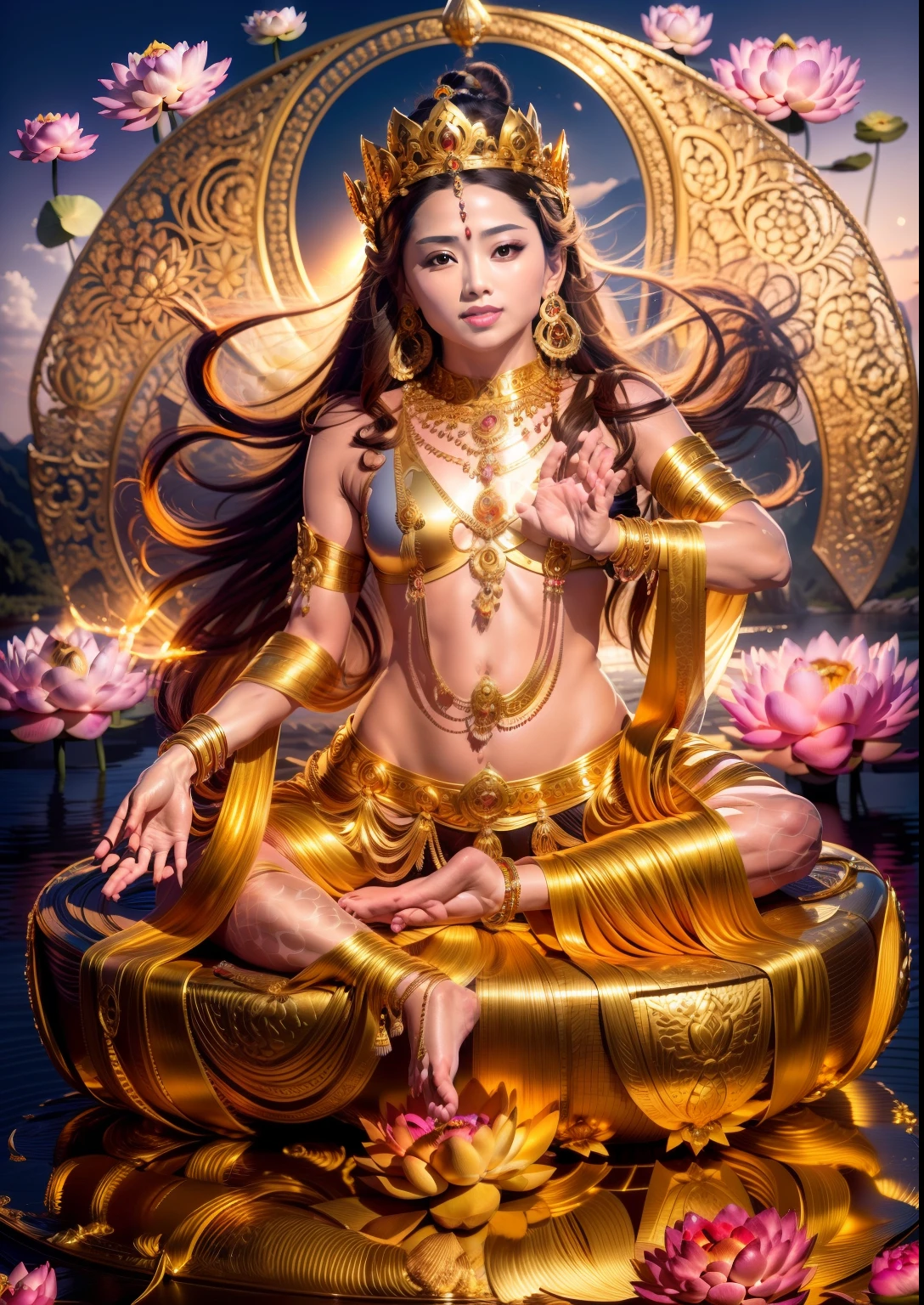 The beautiful queen sits cross-legged on a lotus platform,The other foot is on the small lotus,Fingers pinching the stems of the lotus flower,Yellow-green fair skin,rosy lips,perfect body figure,Hair with a golden crown,choker necklace,Gold ornaments,Yingluo,sapphires,The background is the sky with an aperture,Unreal sky,ethereal sky,Body glowing background,8K,tmasterpiece,