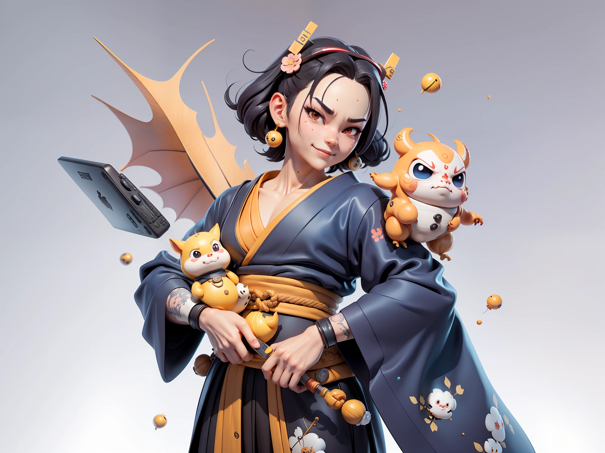 (Daisaku),(Need),(Super meticulous),(full bodyesbian:1.2),Japanese ukiyo-e girl,japanese geisha,Beautiful,Oriental dragon,Aeolian Thor,Raised sexy,爆乳,Oriental face,TV Anchor,Bust portrait illustration,Alone,In black suit,a blue tie,The face is slightly chubby,The face was clean,without a beard,Black super short hair,Black eyes,Smile confidently,3C computer sub-products,iPad, iphone,Digital painting,3D character design by Mark Clairen and Pixar and Hayao Miyazaki and Akira Toriyama,The illustration is a high-definition illustration in 4K resolution,With very detailed facial features and cartoon-style visuals。