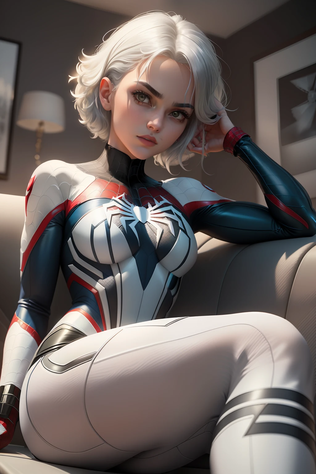 (Extreme Detail CG Unity 8K wallpaper, masterpiece, highest quality), (Exquisite lighting and shadow, highly dramatic picture, Cinematic lens effect), a girl in a white Spider-Man costume, silver gray hair color, from the Spider-Man parallel universe, Wenger, Marvel, Spider-Man, sitting on the couch, dynamic pose), (excellent detail, excellent lighting, wide angle), (excellent rendering, enough to stand out in its class), focus on white Spider-Man costumes, complex spider textures