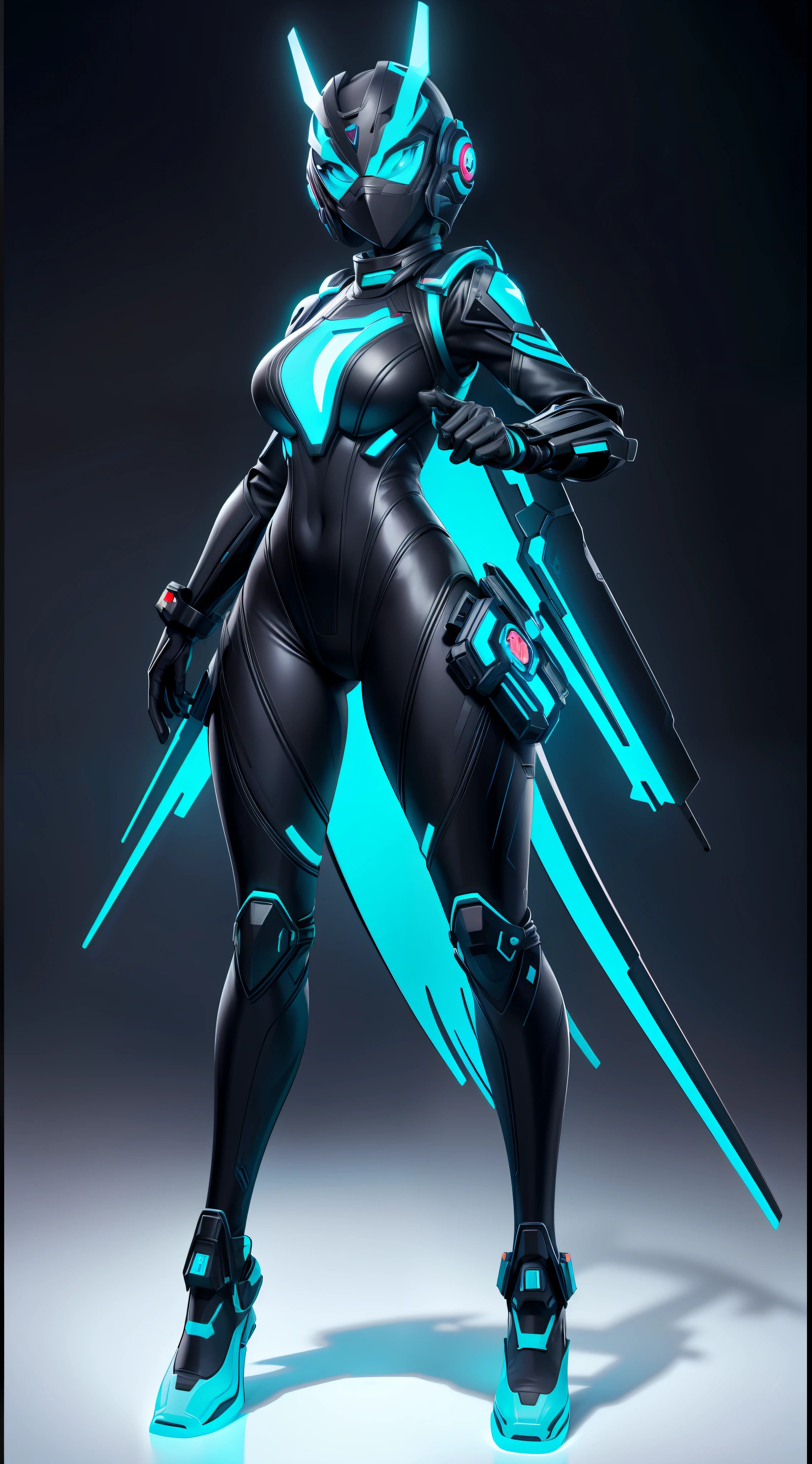 solo, super fine photo, full body picture Unreal Engine 5 8K UHD of a girl, wearing futuristic black and white tight rubber battle suit with, full face mask, cyan light details, gloves with cyan light detail, best quality, masterpiece, unified 8k wallpaper, super detailed, sharp focus, dynamic pose