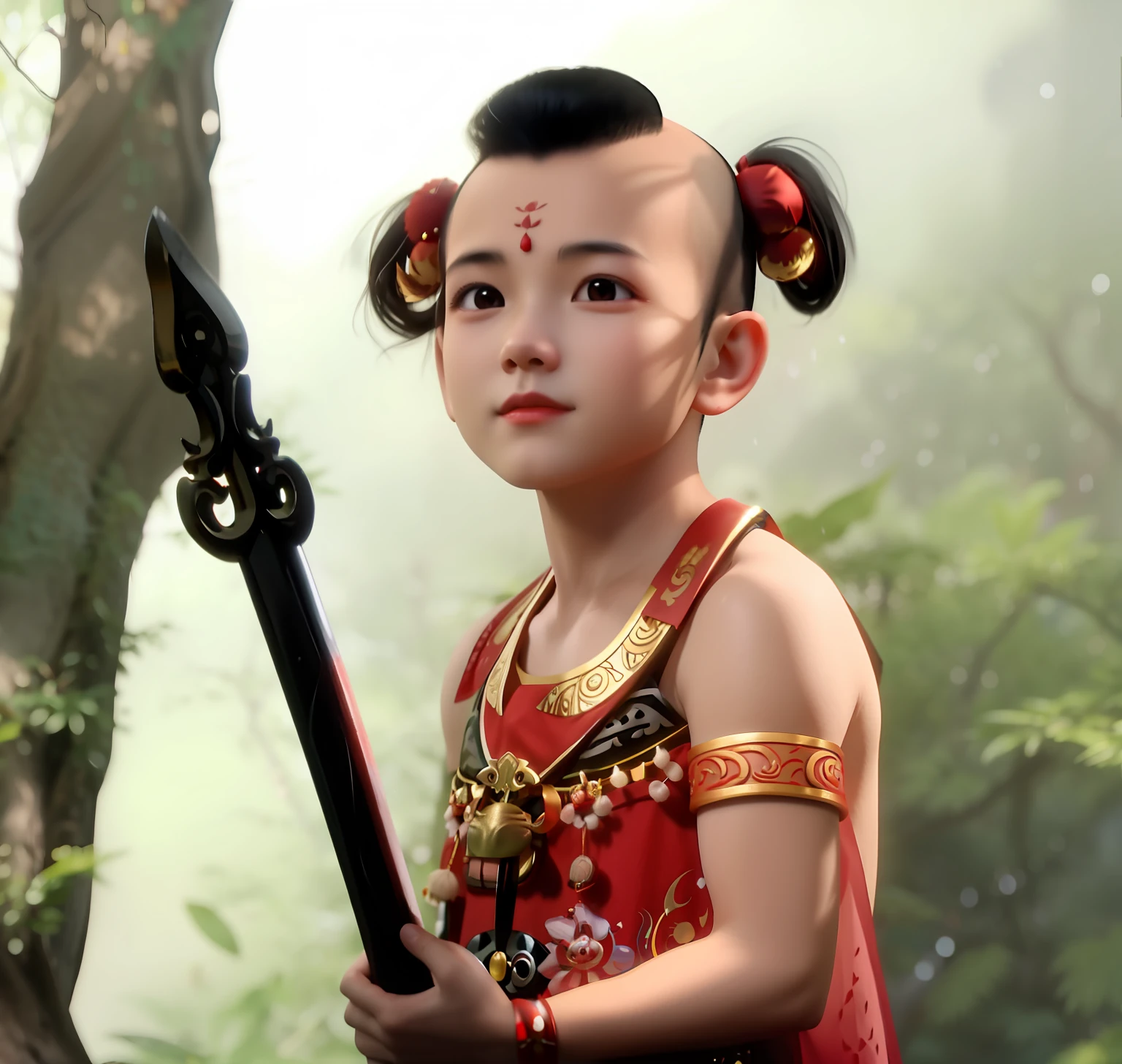 There is a little bald monk，A small child with a big nose, The age is about 3 years old, had his hands folded，buzzed hair on temple, detailed face of a asian boy, Inspired by Red Son,Child in a forest with trees, tai costume, nivanh chanthara, Young Zhang Weijian,, from ramayan,  fantasy movie still, The Red Child in Chinese mythology，No hair，Picture ratio 9:16,