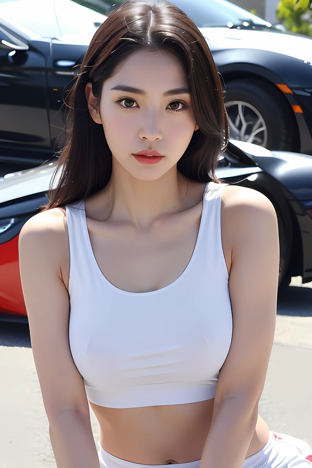 (extra detailed body、extra detailed face、best qualtiy:1.2)、femele、looking at the viewers、(White tank top、JINS)、(sports car on the background:1.4)