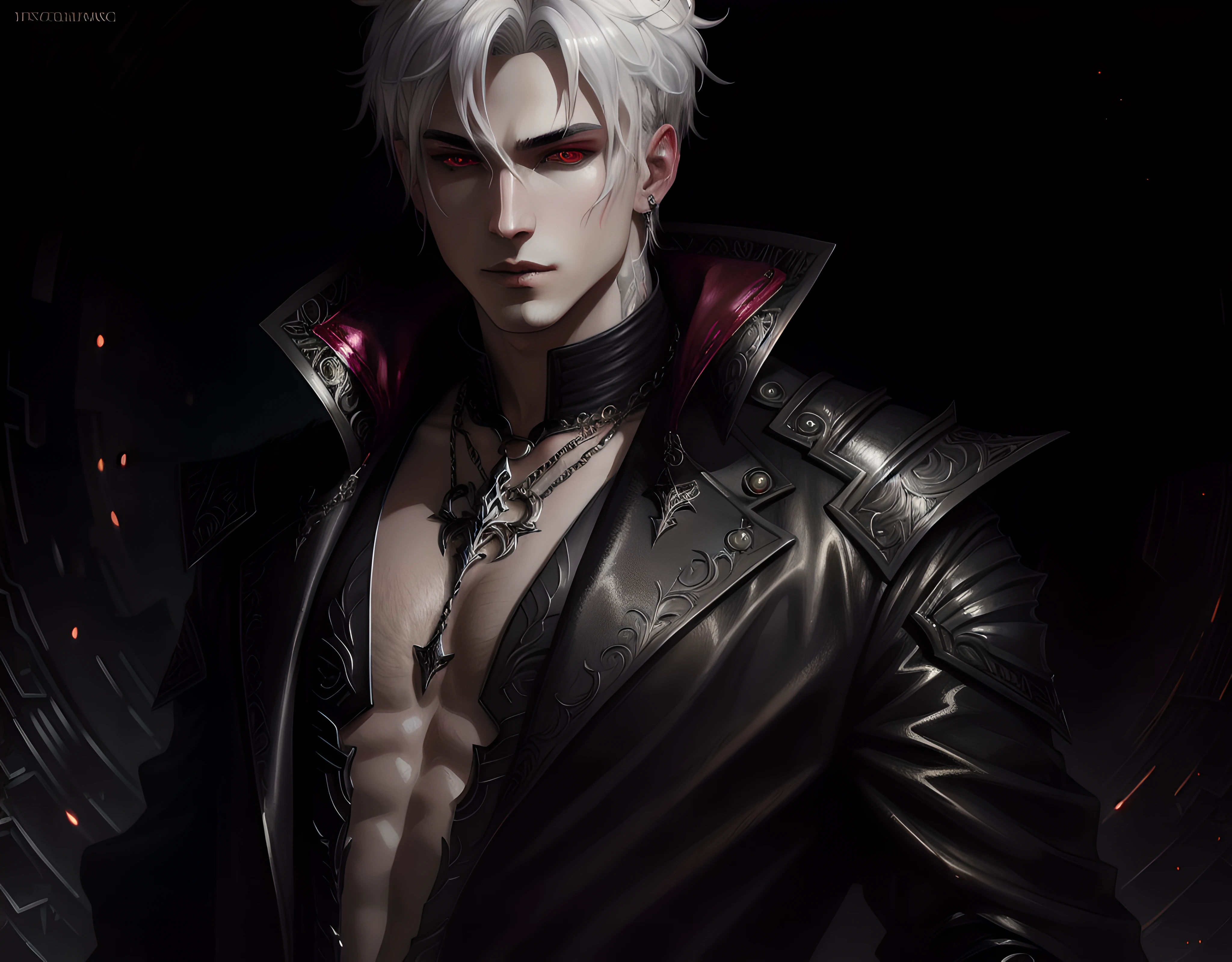 High vampire man Insanely detailed, goth Renaissance, white hair, intricate, white glowing eyes, fantastical, (((male))), vampire, hyper detailed, painting, 32k resolution, art by Heise, Alphonse Mucha, dynamic lighting, hyper detailed, BREAK, intricately detailed Splash art trending on Artstation, triadic colors, Unreal Engine 5, BREAK, volumetric lighting, sexy, guy, gothic detailed background, 32k, covered navel, full lips, curvy guy, cinematic lighting, balenciaga, glitter