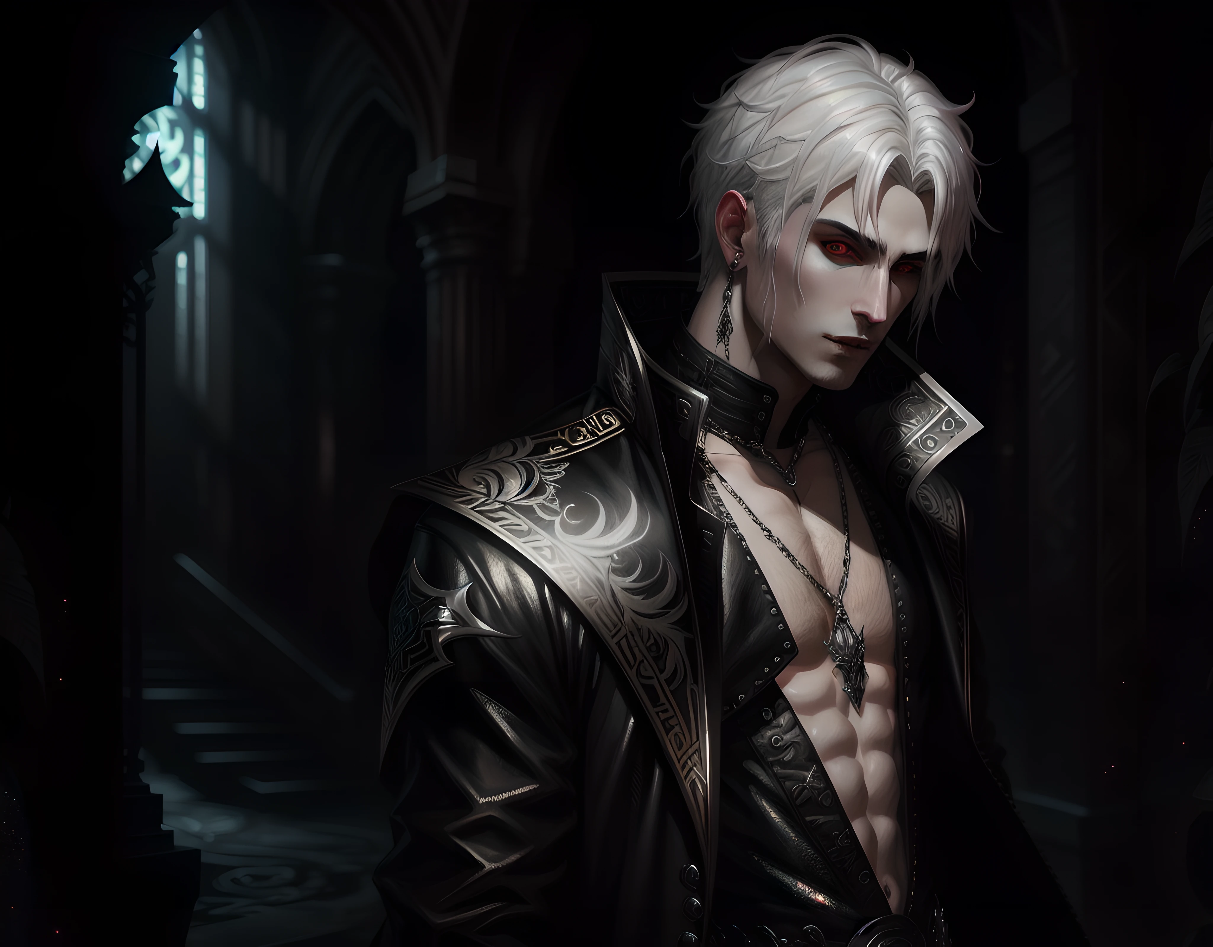 High vampire man Insanely detailed, goth Renaissance, white hair, intricate, white glowing eyes, fantastical, (((male))), vampire, hyper detailed, painting, 32k resolution, art by Heise, Alphonse Mucha, dynamic lighting, hyper detailed, BREAK, intricately detailed Splash art trending on Artstation, triadic colors, Unreal Engine 5, BREAK, volumetric lighting, sexy, guy, gothic detailed background, 32k, covered navel, full lips, curvy guy, cinematic lighting, balenciaga, glitter