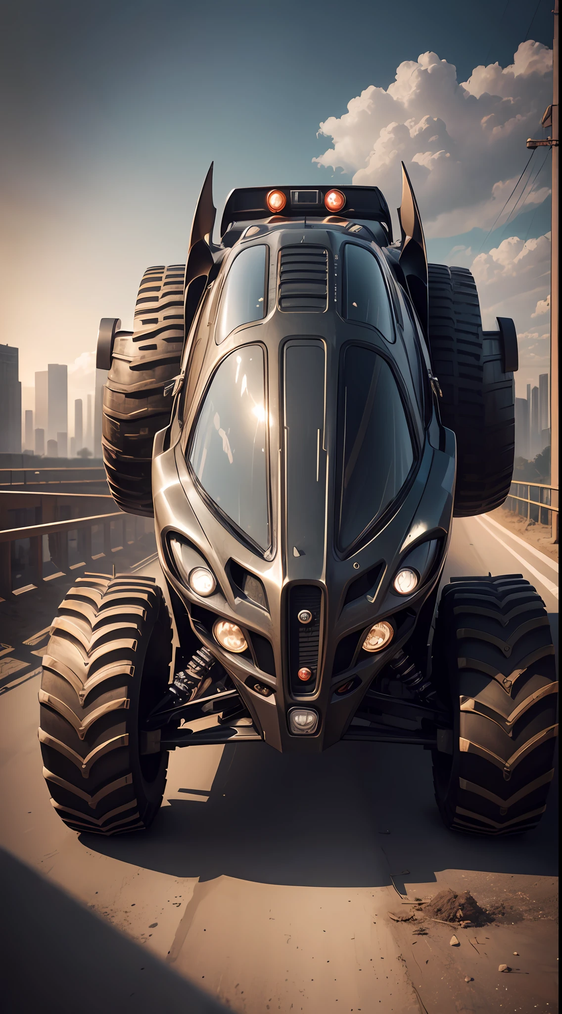 Batman patterned monster truck, (((monster truck)))complex mix, Realistic, Photorealistic, (masterpiece:1,5), urban background, concept art, intricate detail, high detail, photo realistic, octane render, 8k, dynamic poses, best quality, (face  realistic : 1.1), (hyperrealistic:1.1), ((full_body 1:1)), (very detailed background), not out of frame, cyber punk, Macro photography, Macro lens, Super detailed