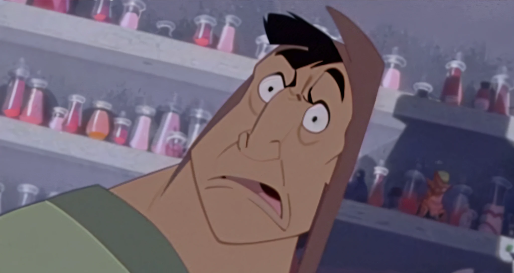 A close-up of a cartoon character,face surprised, heavy looking, samurai jack, nicholas cage as monkey d luffy, animation still screencap, thick eyebrow, genndy tartakovsky, Gaze from his heavy body, zoltan, harsh good looking face, roguish smirk, Disgusted, john redcorn, animated movie still, severe - looking