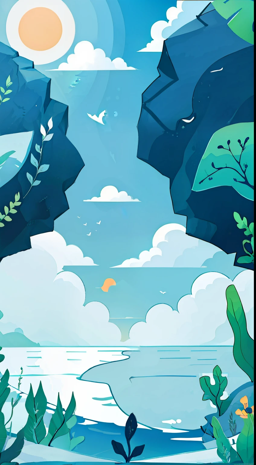 hi can you make a cutting paper layer that consist of 5 minimal layer, with a visual sun, clouds, and so many plants , the sunlight reflects on the water such a peaceful visual than you know that you are free and you are protected. it's calm and peacefull and freeing. can you make someone swim in supesition position facing toward the sun reflection